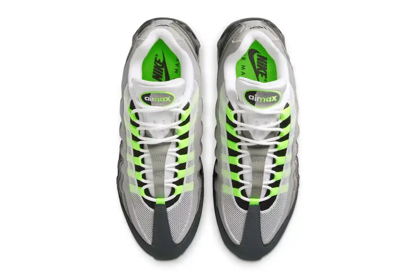 NIKE'S ORIGINAL NEON AIR MAX 95 RETURNS THIS APRIL This article announces the return of Nike's Air Max 95 "Neon" sneakers for their 30th anniversary. It details the April 18, 2025 release date, $185 USD price point, and describes the classic Black/Neon Yellow-Cool Grey colorway with its human anatomy-inspired gradient design. The article explains the distinctive neon green accents on the eyelets, mudguard, Air unit, mini Swoosh, and tongue branding, noting its historical significance in athletic footwear. (image 4 of 7)
