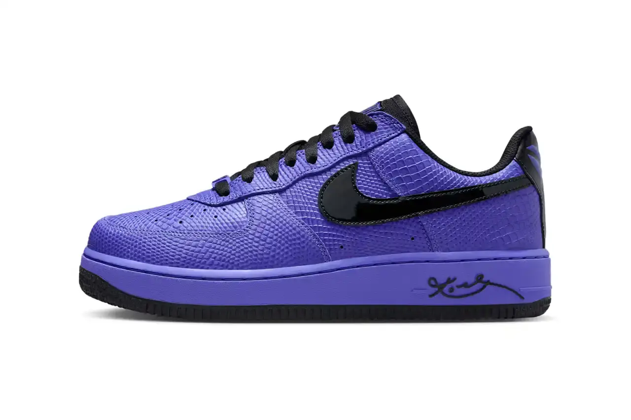 NIKE REVEALS FC BARCELONA KOBE BRYANT AIR FORCE 1 image about Nike's upcoming sneaker release featuring FC Barcelona and Kobe Bryant branding on an Air Force 1 Low silhouette. The shoe has a purple textured upper with black accents and Barcelona club crests. Includes product details, pricing at $150, and expected 2025 release through Nike's retail channels. Content is structured with bullet point summary, product specifications, and background information about the collaboration.