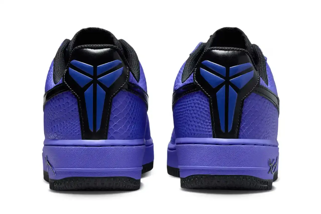 NIKE REVEALS FC BARCELONA KOBE BRYANT AIR FORCE 1 image about Nike's upcoming sneaker release featuring FC Barcelona and Kobe Bryant branding on an Air Force 1 Low silhouette. The shoe has a purple textured upper with black accents and Barcelona club crests. Includes product details, pricing at $150, and expected 2025 release through Nike's retail channels. Content is structured with bullet point summary, product specifications, and background information about the collaboration. (image 5 of 10)
