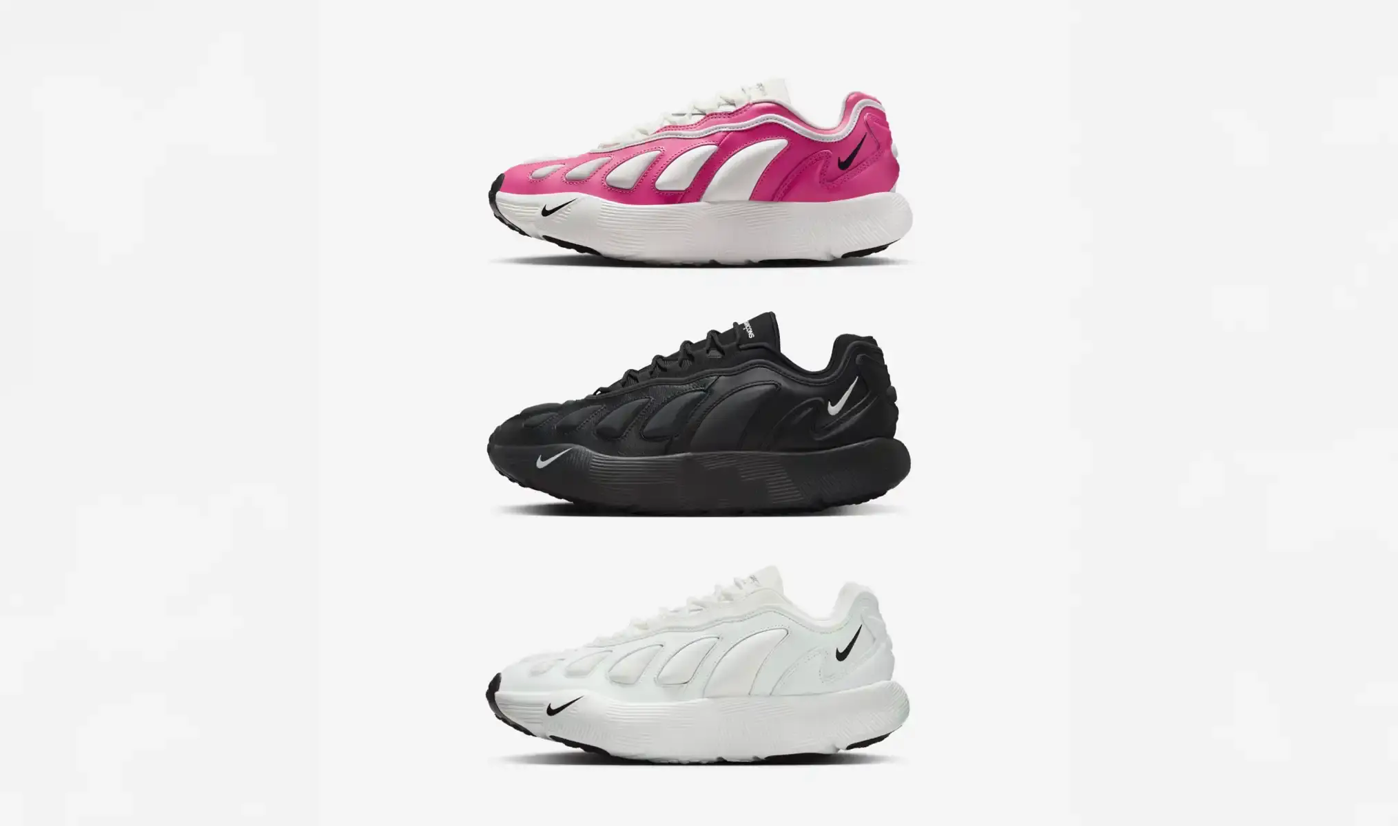 upcoming release of the Nike Sense 96 sneakers, a collaboration with COMME des GARÇONS HOMME PLUS that was first revealed during Paris Fashion Week for Spring/Summer 2025. The article describes the sneakers as a hybrid model combining elements from Nike's Air Max 96 and ISPA Sense Flyknit designs. Key features include an innovative sole inspired by Japanese zen gardens and a premium layered leather upper with padded details. The sneakers will be available in three colorways, with release date and distribution details still to be announced.