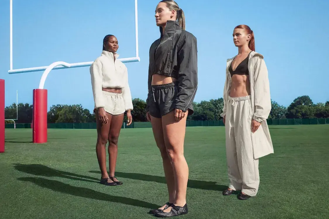 NIKE AND SKIMS LAUNCH FALL OUTERWEAR COLLECTION image detailing the Nike and SKIMS fall outerwear launch, material specifications, color options, campaign details, and global release dates.