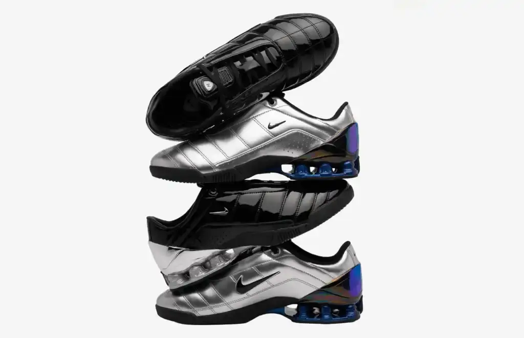 image about Nike's collaboration with Dutch retailer Maha Amsterdam to reintroduce the Total 90 Shox Magia sneaker from 2003. The shoe combines football boot design with Shox cushioning technology and will be available in two metallic colorways starting July 5, 2024. The article includes release information, technical details about the shoe's design, and context about the retailer partnership. (image 2 of 2)