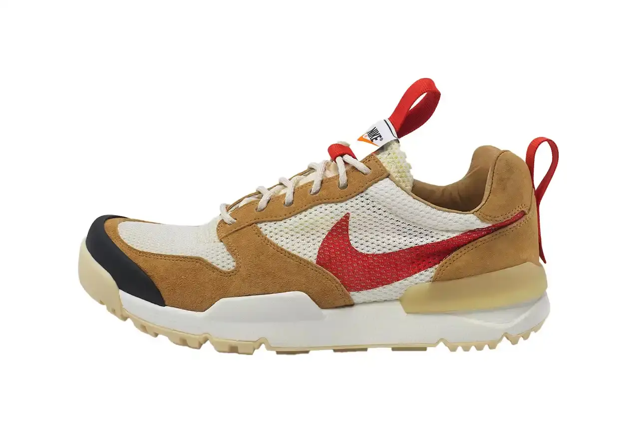 NikeCraft Mars Yard 3.0 sneaker shown in profile view, featuring a natural-colored mesh upper with sport red accents, black TPU toecap, silkscreened Swoosh logo, and React foam midsole with sail-colored outsole detailing.