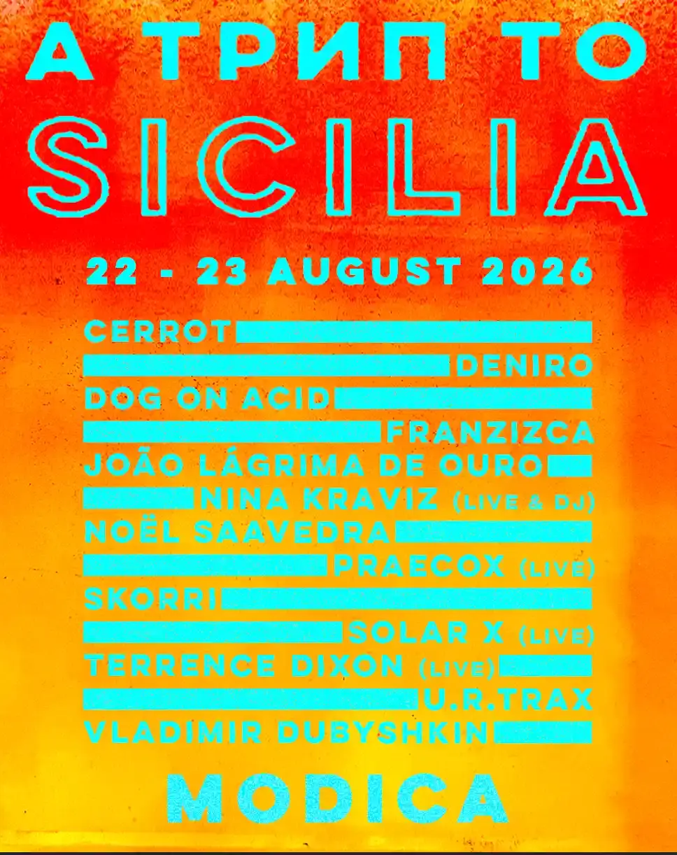 Nina Kraviz Festival poster with bright red and orange background displaying the trip to Sicilia lineup and dates of August 22 and 23, 2026.