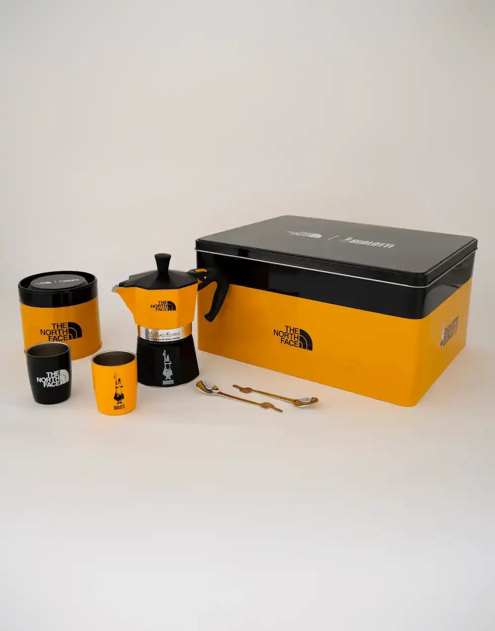 image about outdoor gear collaboration between The North Face and Italian coffee maker Bialetti, featuring product details and availability information.