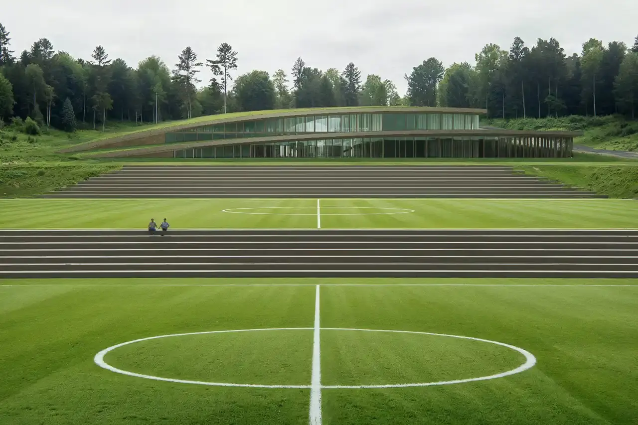 Snøhetta Aerial view of Snøhetta's proposed football training facility in Asker, showing grass-covered terraces leading to a wooden building complex with a circular courtyard.