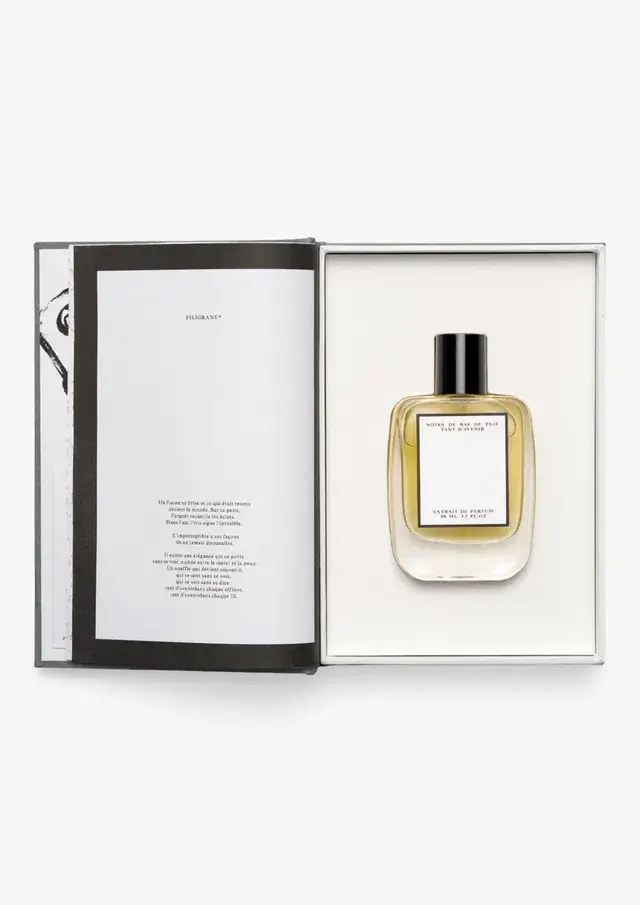 NOTES DE BAS DE PAJE AND TANT D'AVENIR RELEASE FILIGRANE The Filigrane 50 ml perfume extract bottle alongside the 925 sterling silver and citrine pendant by Tant d'Avenir and Notes de Bas de Paje.