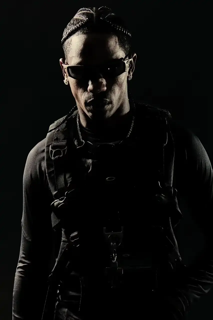 image reports on Oakley's appointment of rapper Travis Scott to a new Chief Visionary role. The piece covers industry trends in celebrity partnerships, competitive moves by Ray-Ban, and both companies' smart glasses development with Meta. Content includes analysis of eyewear brand strategies targeting younger demographics through cultural collaborations.