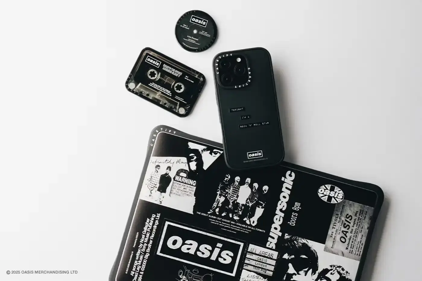 OASIS CASETIFY COLLECTION LAUNCHES FOR BAND REUNION image of tech accessory brand CASETiFY releases Oasis-themed collection including phone cases, device protection and collector items with monochromatic band graphics. (image 3 of 8)