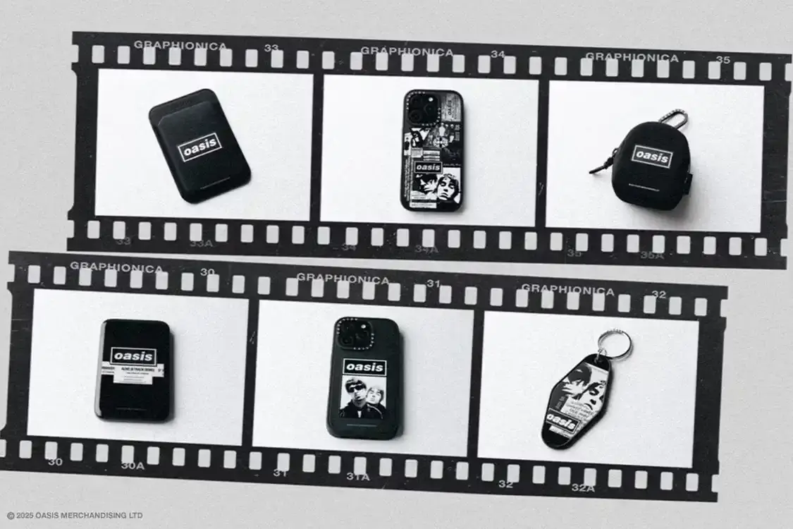 OASIS CASETIFY COLLECTION LAUNCHES FOR BAND REUNION image of tech accessory brand CASETiFY releases Oasis-themed collection including phone cases, device protection and collector items with monochromatic band graphics.