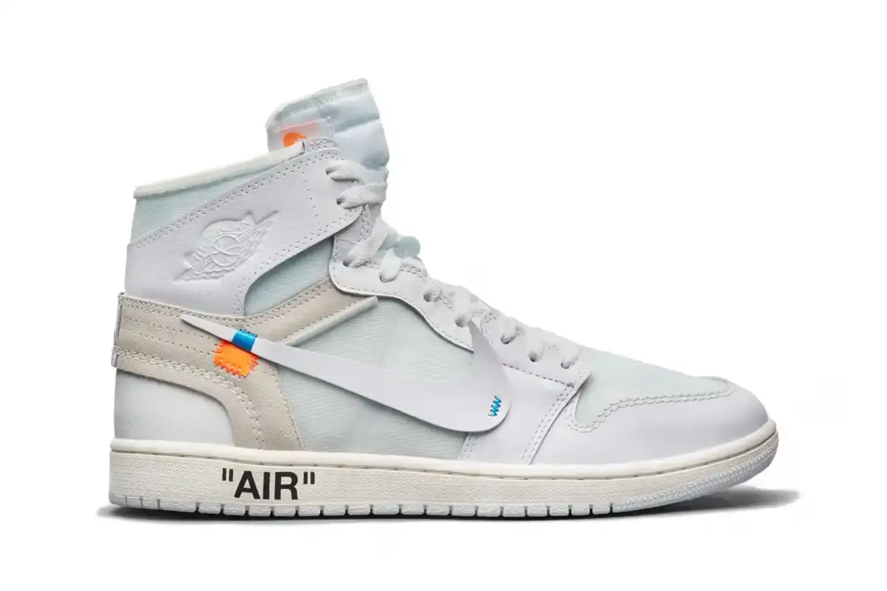 Off-White™ x Air Jordan 1 High OG sneaker in all-white colorway, showing deconstructed design elements including exposed foam, signature text placement, and oversized Swoosh branding against a white background.