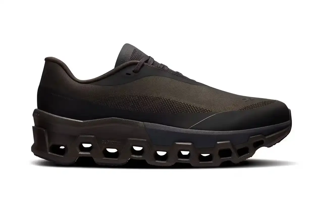 On Running x POST ARCHIVE FACTION (PAF) 'CURRENT FORM 2.0+' collection showing Cloudmonster 2 and Cloudventure Peak shoes alongside technical apparel pieces in earth tones.