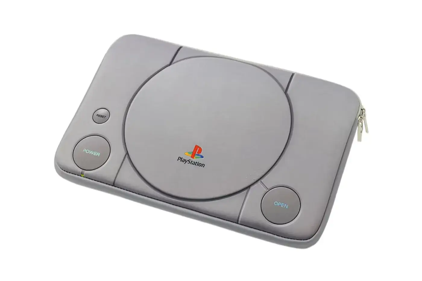 ORIGINAL PLAYSTATION CONSOLE REBUILT AS CUSHION CASE image describing the design, dimensions, price, and practical use of the new PlayStation console laptop bag from Takarajimasha.