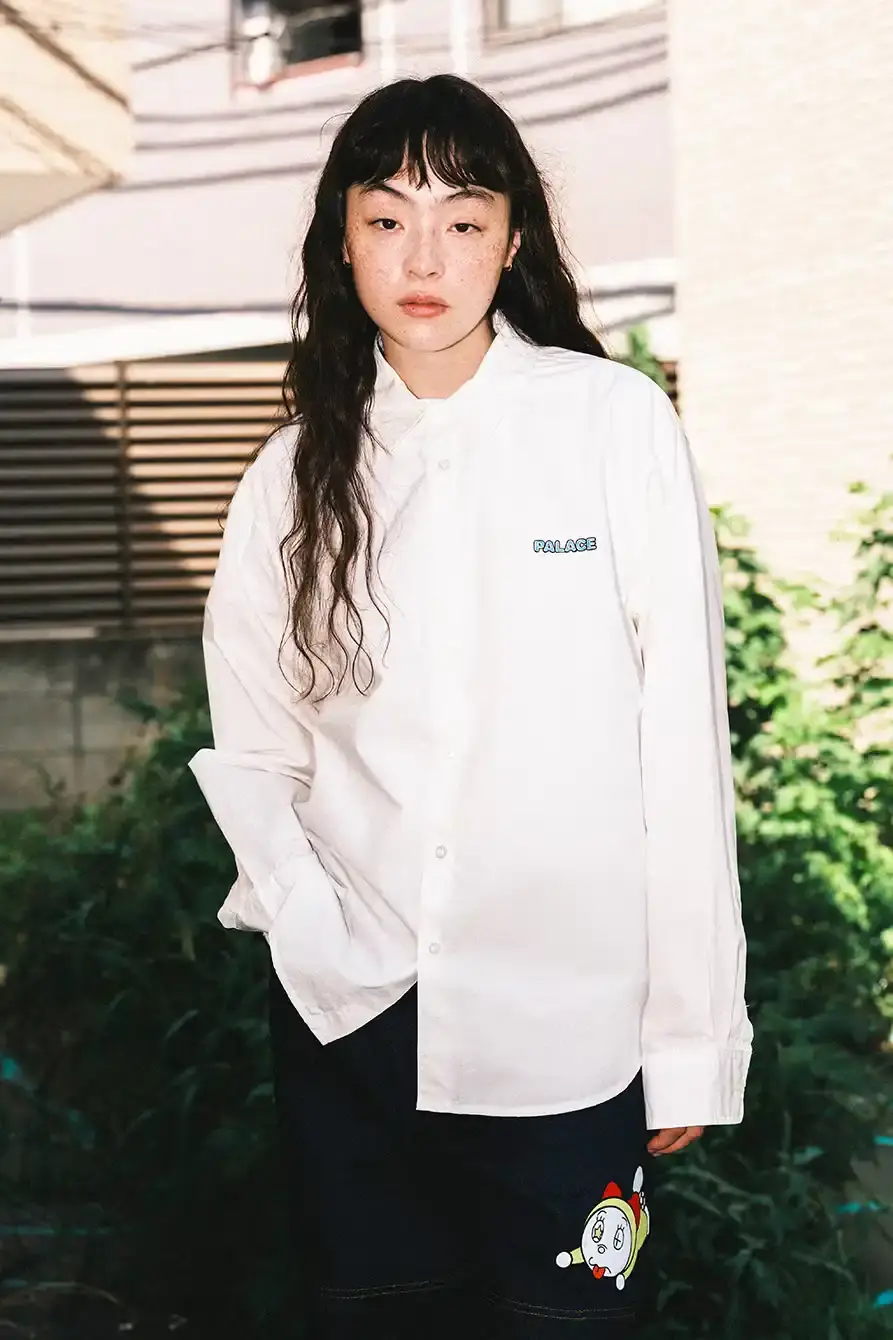 PALACE X DORAEMON COLLECTION DROPS FALL 2025 image of Palace streetwear brand collaborates with Japanese anime character Doraemon on clothing collection including jackets, shirts, and accessories. (image 5 of 11)