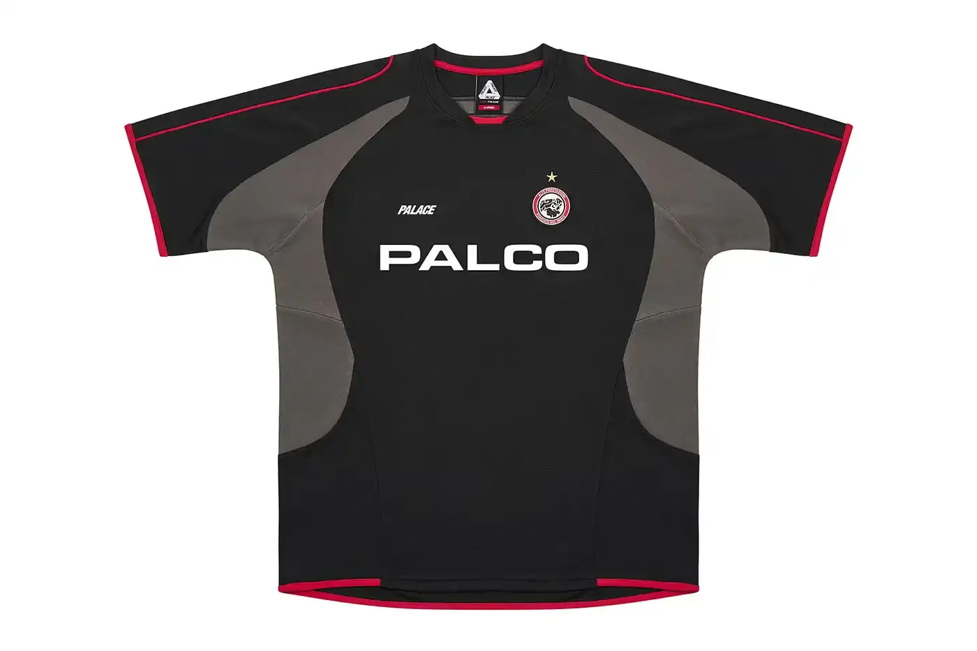 PALACE'S LATEST SPRING 2025 COLLECTION HITS STORES Collection of Palace Spring 2025 apparel displayed on plain background, showing oversized hoodies, striped rugby shirts, soccer jerseys, and matching tracksuit sets in various colors including black, grey, navy, and green.
