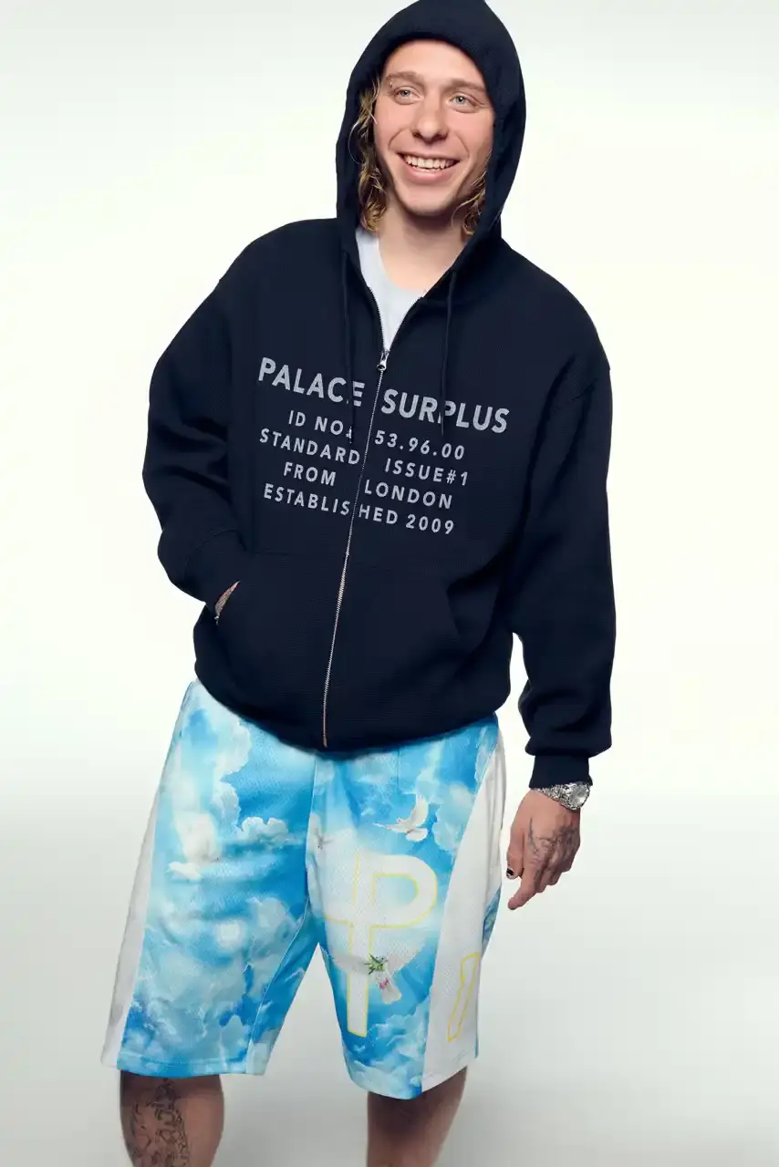 PALACE SUMMER 2025 COLLECTION: LONDON LABEL REVEALS SEASONAL LINEUP image of Palace's Summer 2025 collection announcement, describing the London streetwear brand's new seasonal offerings. It details the collection's design influences (Americana, sportswear, military), highlights key pieces including Los Angeles-themed items, religious iconography adaptations, and mesh garments for warm weather. The text also provides specific release dates and times for different global regions including the UK, Europe, US, Japan, Seoul, and China, with information about both online and physical store availability. (image 8 of 36)