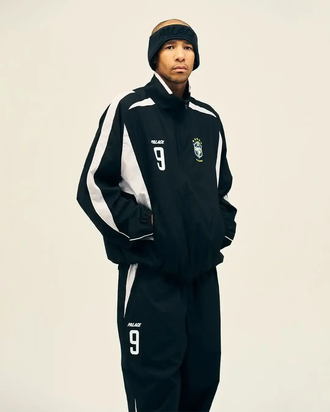Palace Skateboards R9-inspired Brazil tracksuit in black and white, featuring modified Seleção crest and Ronaldo's number 9