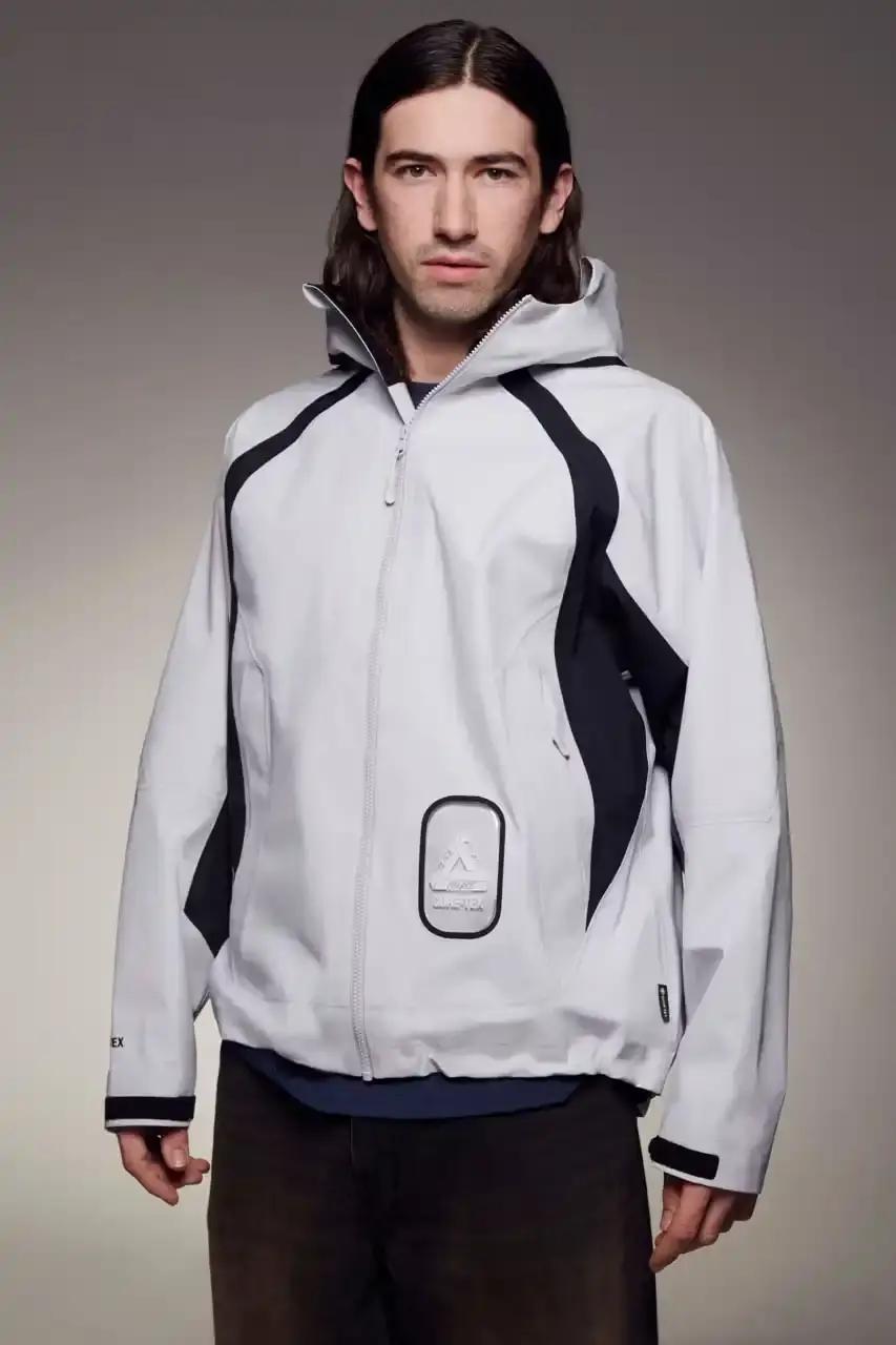 Palace Skateboards/Theo Sion Palace Spring 2025 lookbook showcasing a diverse collection of streetwear. Various models wear pieces including a tiger-embroidered varsity jacket, GORE-TEX outerwear, camouflage patterns, and racing-inspired jerseys. The collection features a mix of athletic and casual styles in multiple colorways, with detailed shots of snake graphics and workwear pieces (image 16 of 20)