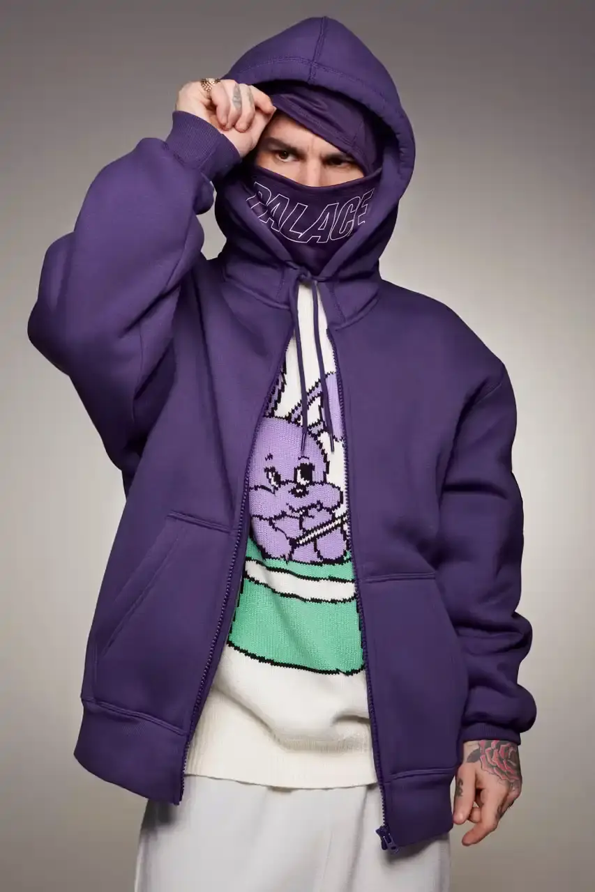 Palace Skateboards/Theo Sion Palace Spring 2025 lookbook showcasing a diverse collection of streetwear. Various models wear pieces including a tiger-embroidered varsity jacket, GORE-TEX outerwear, camouflage patterns, and racing-inspired jerseys. The collection features a mix of athletic and casual styles in multiple colorways, with detailed shots of snake graphics and workwear pieces (image 9 of 20)
