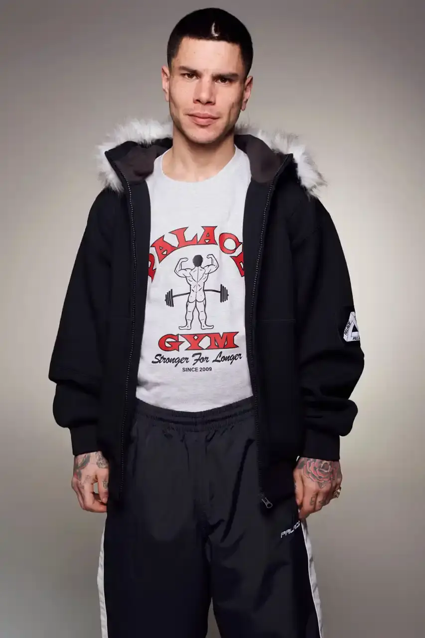 Palace Skateboards/Theo Sion Palace Spring 2025 lookbook showcasing a diverse collection of streetwear. Various models wear pieces including a tiger-embroidered varsity jacket, GORE-TEX outerwear, camouflage patterns, and racing-inspired jerseys. The collection features a mix of athletic and casual styles in multiple colorways, with detailed shots of snake graphics and workwear pieces (image 8 of 20)