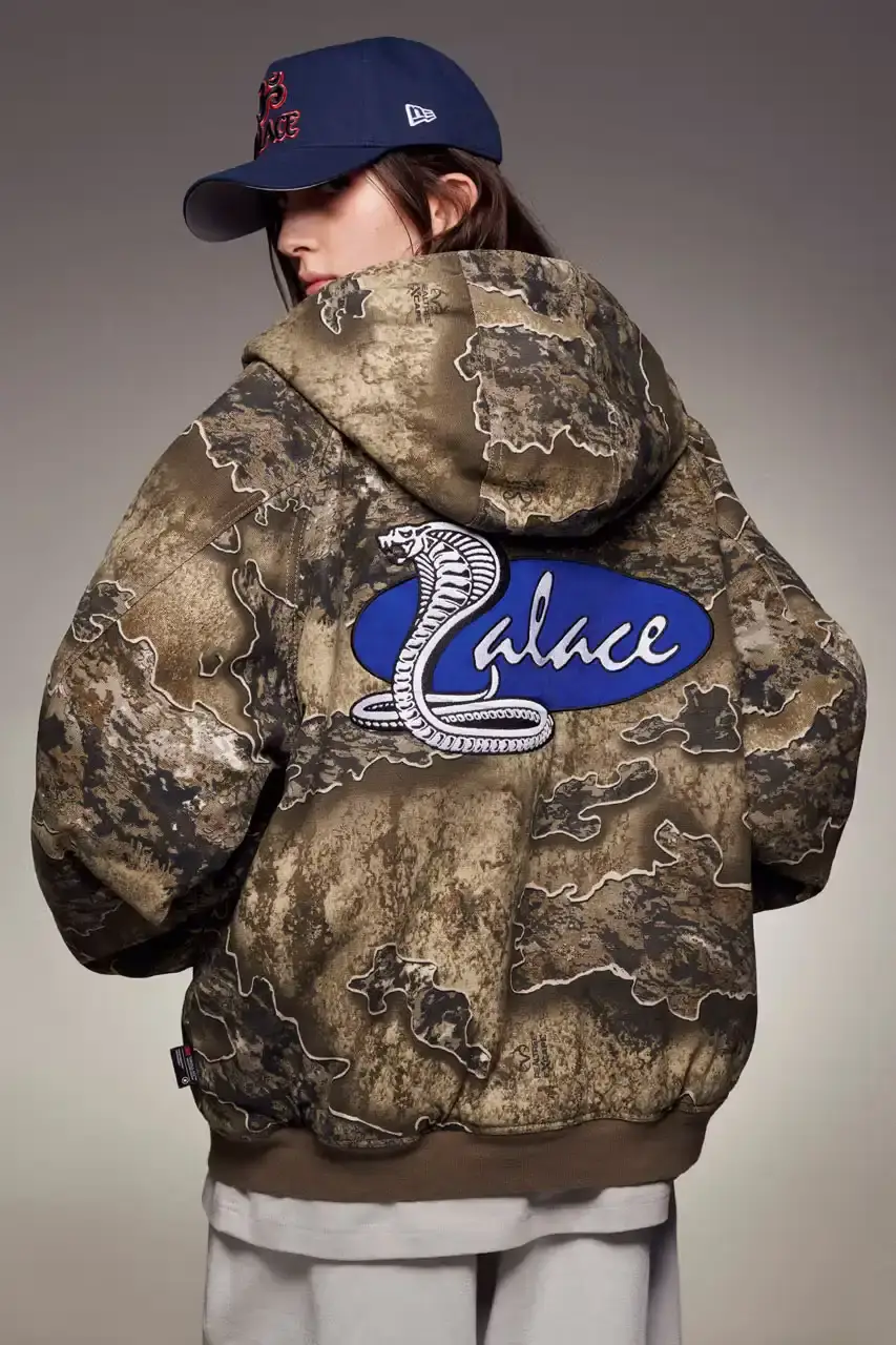 Palace Skateboards/Theo Sion Palace Spring 2025 lookbook showcasing a diverse collection of streetwear. Various models wear pieces including a tiger-embroidered varsity jacket, GORE-TEX outerwear, camouflage patterns, and racing-inspired jerseys. The collection features a mix of athletic and casual styles in multiple colorways, with detailed shots of snake graphics and workwear pieces (image 7 of 20)