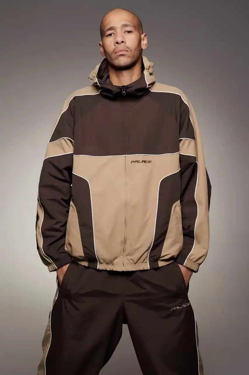 Palace Skateboards/Theo Sion Palace Spring 2025 lookbook showcasing a diverse collection of streetwear. Various models wear pieces including a tiger-embroidered varsity jacket, GORE-TEX outerwear, camouflage patterns, and racing-inspired jerseys. The collection features a mix of athletic and casual styles in multiple colorways, with detailed shots of snake graphics and workwear pieces (image 6 of 20)