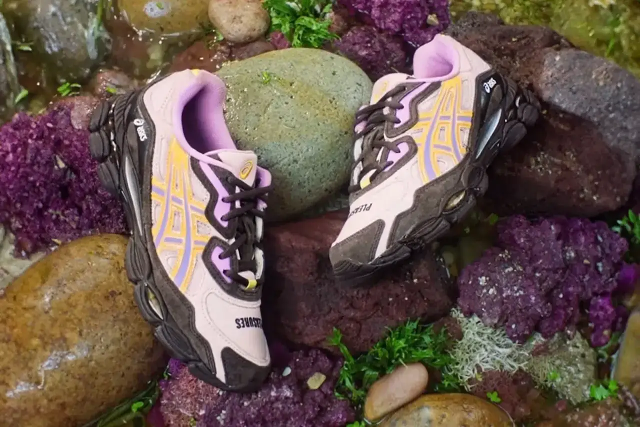 PLEASURES x ASICS GEL-NYC sneaker featuring lavender ripstop upper with orange branding and chocolate brown accents on the sole and mudguard