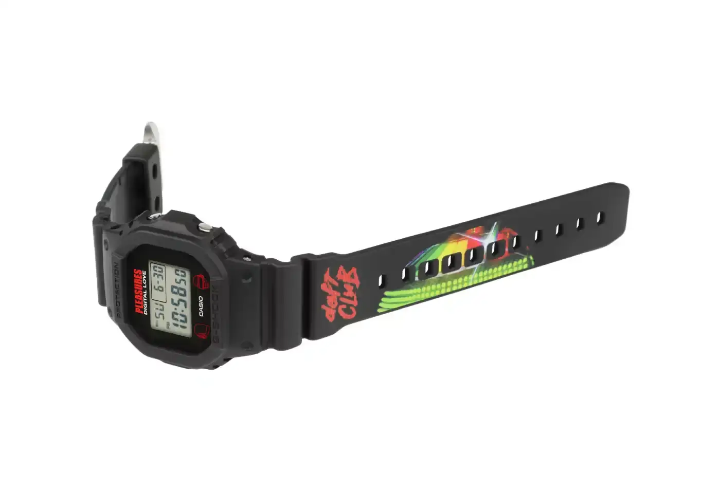 PLEASURES AND CASIO RELEASE DAFT PUNK G-SHOCK WATCH PLEASURES and Casio introduce a limited-edition G-SHOCK DW5600PDP-1 watch featuring Daft Punk's helmet design, cyberpunk styling, and custom backlight display. (image 5 of 7)