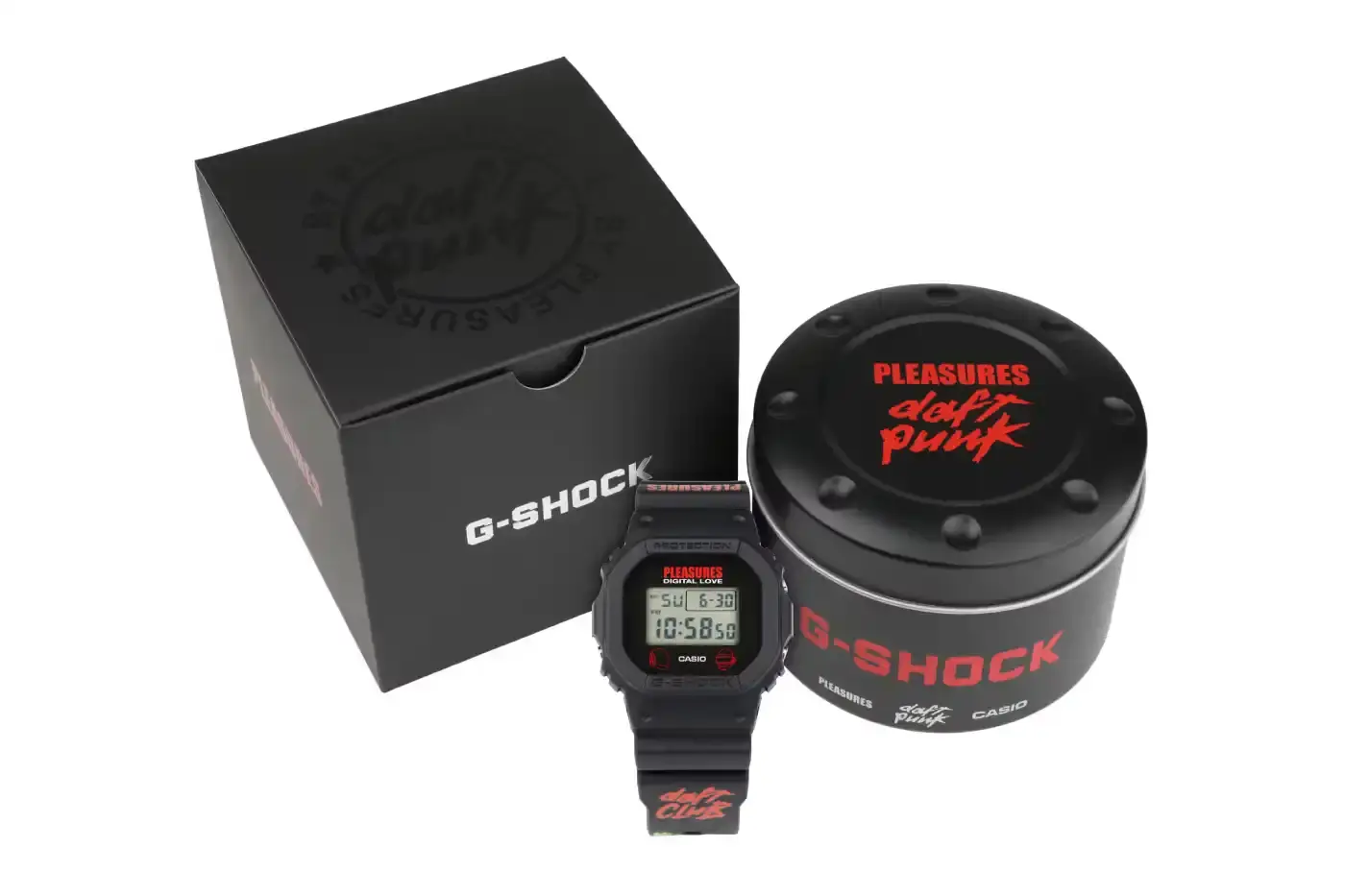 PLEASURES AND CASIO RELEASE DAFT PUNK G-SHOCK WATCH PLEASURES and Casio introduce a limited-edition G-SHOCK DW5600PDP-1 watch featuring Daft Punk's helmet design, cyberpunk styling, and custom backlight display. (image 7 of 7)