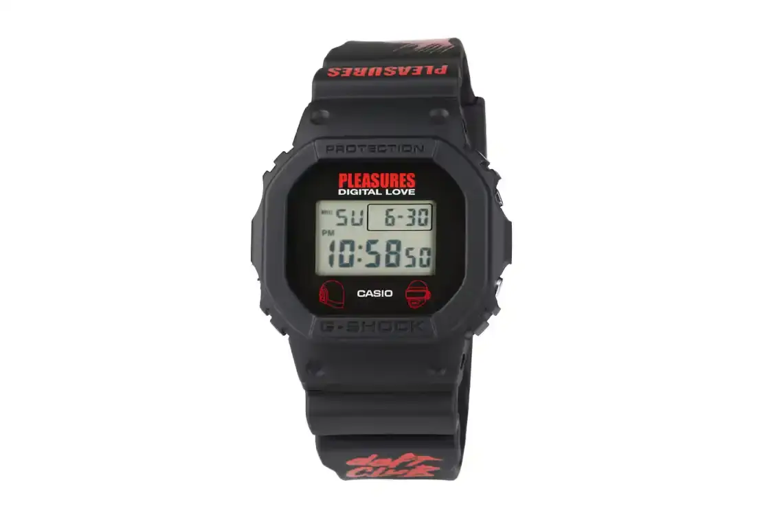 PLEASURES AND CASIO RELEASE DAFT PUNK G-SHOCK WATCH PLEASURES and Casio introduce a limited-edition G-SHOCK DW5600PDP-1 watch featuring Daft Punk's helmet design, cyberpunk styling, and custom backlight display.