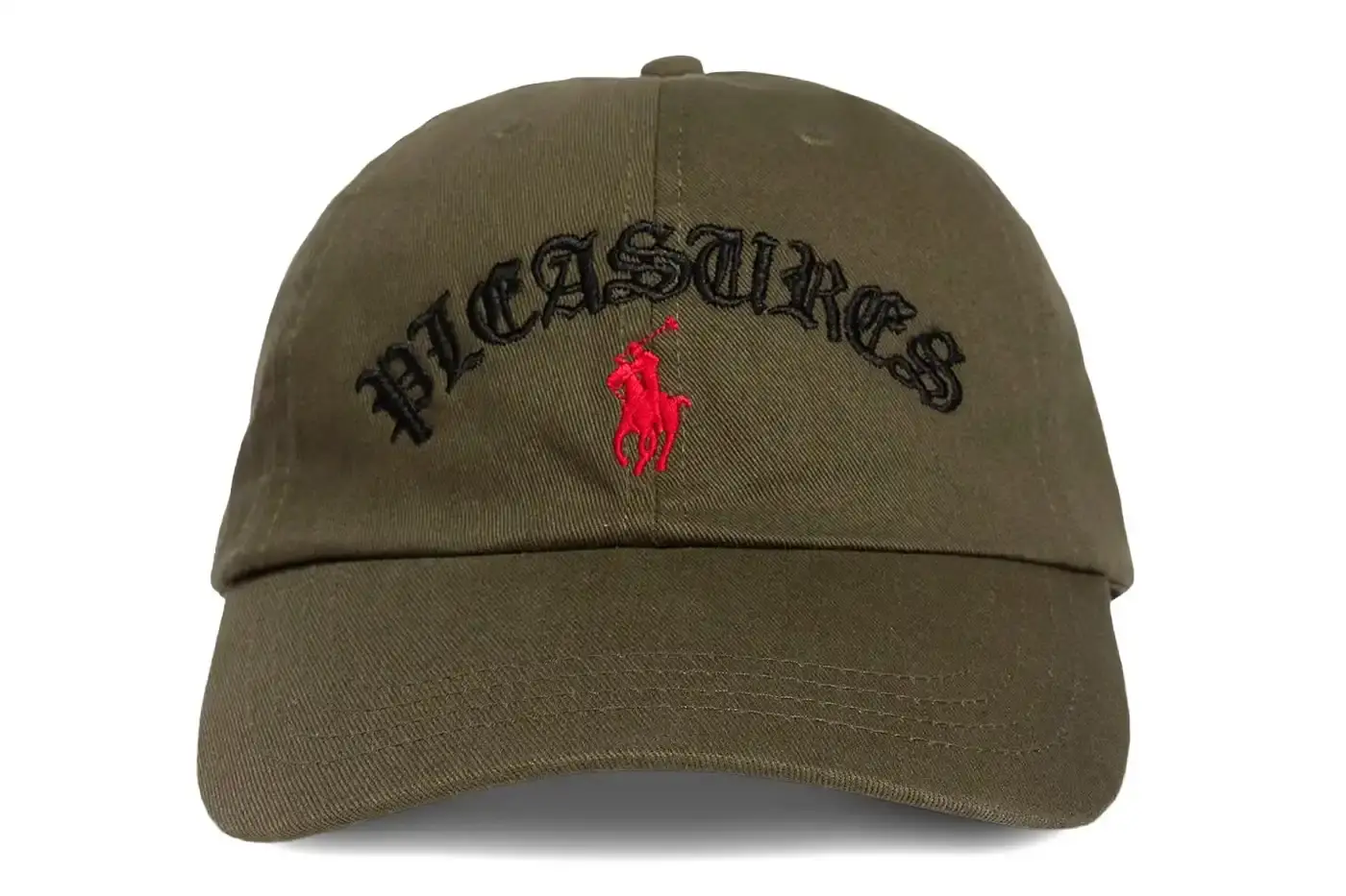PLEASURES X POLO RALPH LAUREN: NINE NEW CAP STYLES A collaborative baseball cap collection between PLEASURES and Polo Ralph Lauren, featuring nine color options, unique dual branding, and brass adjustable buckle. Part of the Spring/Summer 2025 collection launch, available online Friday at 10 am PST. (image 4 of 9)
