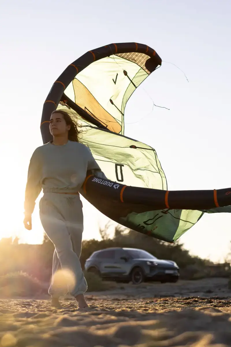 PORSCHE DUOTONE KITEBOARDING CAYENNE DROP image of the sports collaboration between Porsche and Duotone featuring kiteboarding gear inspired by the Cayenne Turbo Electric. (image 6 of 8)