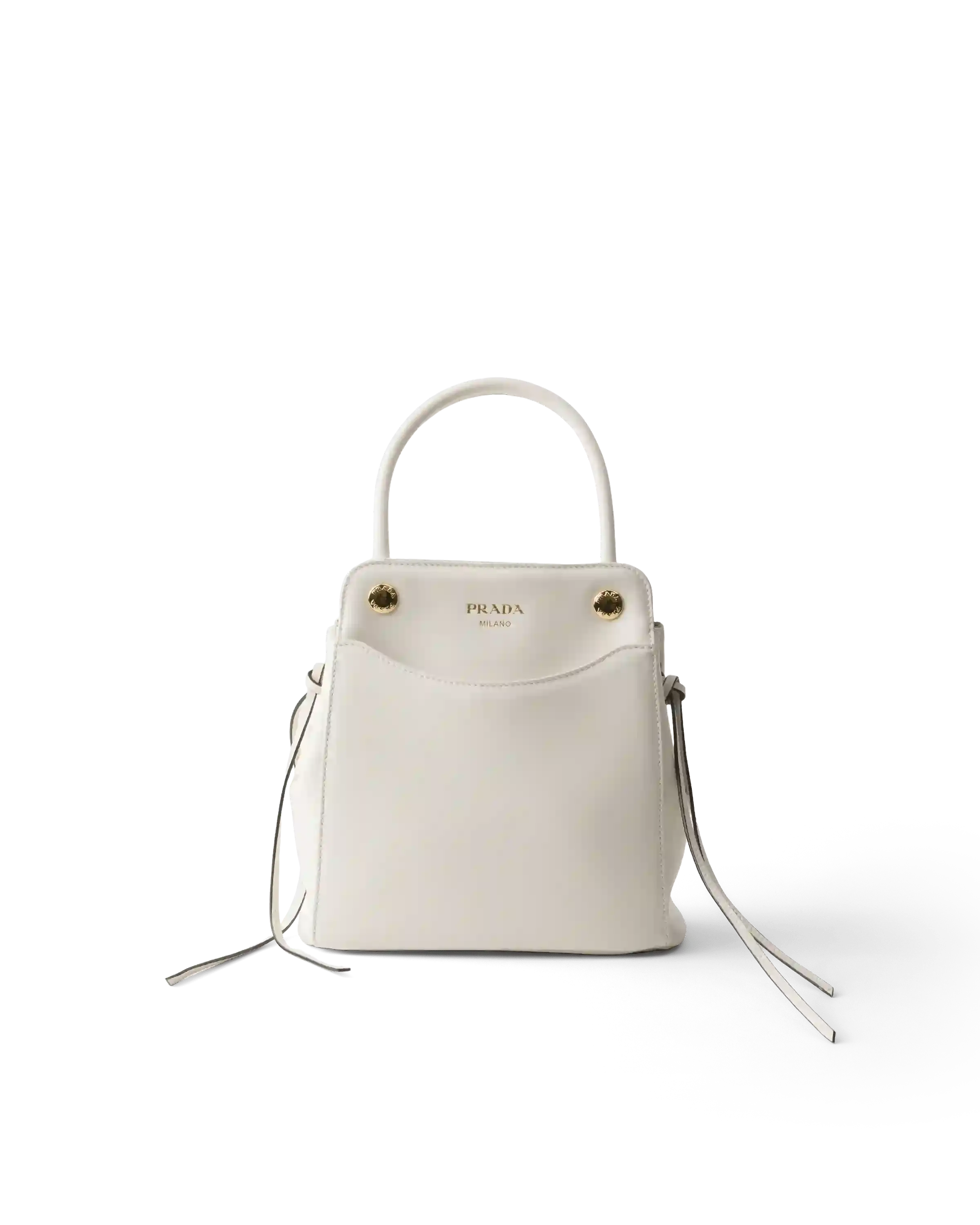 PRADA CARRY BAG FALL WINTER 2026 image of the Prada Carry bag from the Fall Winter 2026 collection. The accessory features soft calfskin leather and front pockets. (image 4 of 5)