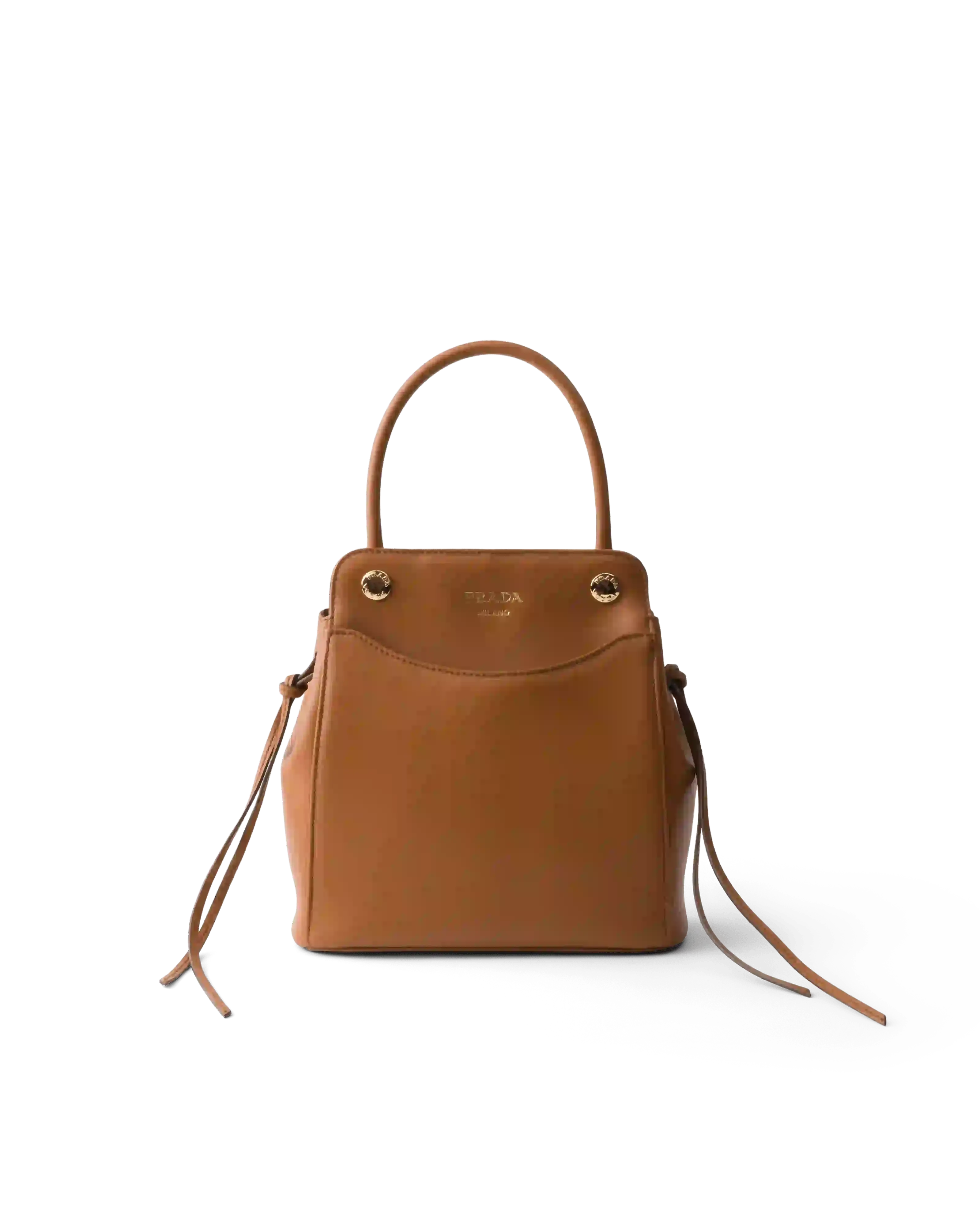 PRADA CARRY BAG FALL WINTER 2026 image of the Prada Carry bag from the Fall Winter 2026 collection. The accessory features soft calfskin leather and front pockets. (image 5 of 5)