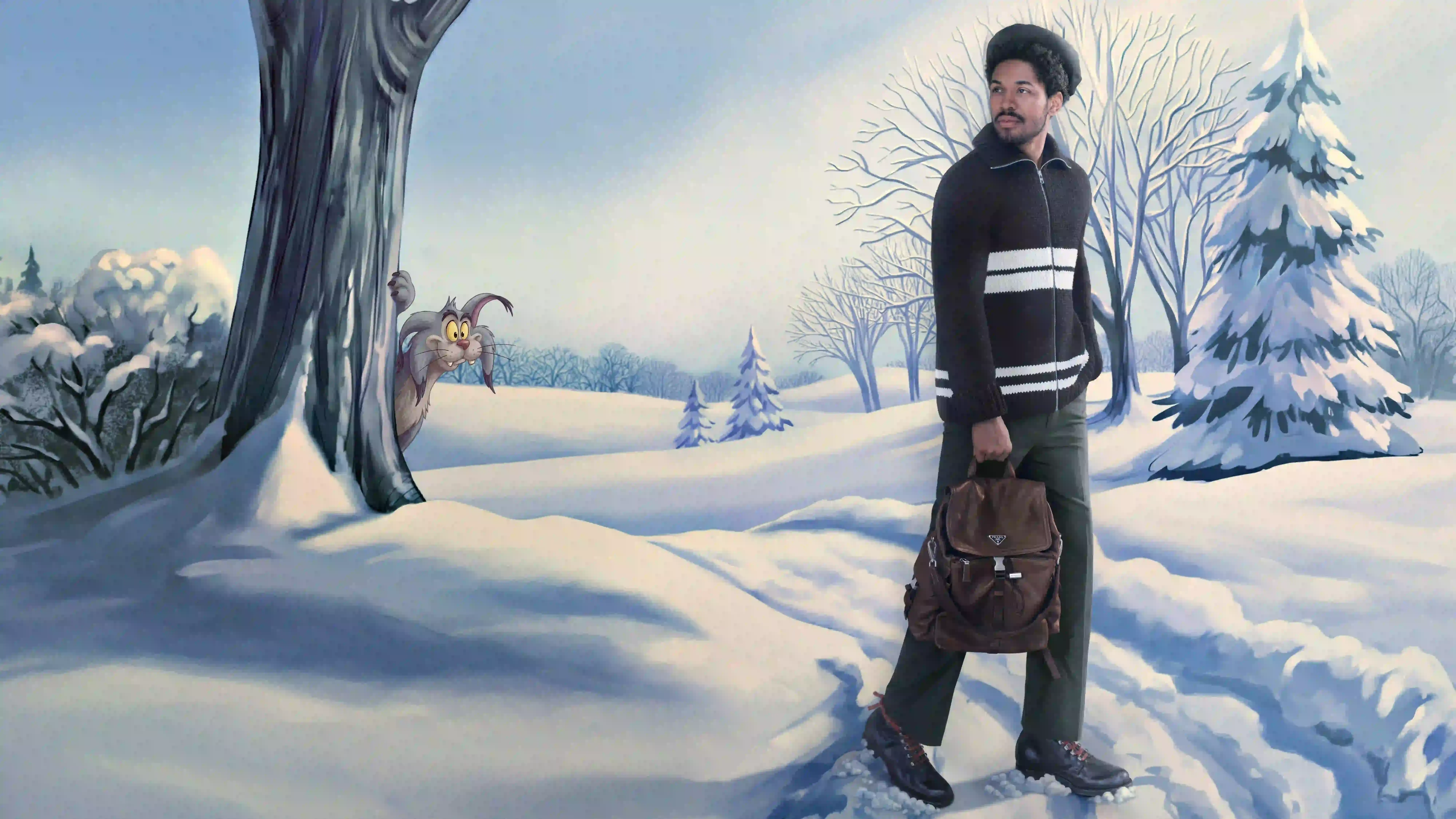 PRADA HOLIDAY 2026 CAMPAIGN BLENDS HAND ANIMATION AND FILM Five actors pose within hand-drawn winter illustrations for the Prada Holiday 2026 campaign photographed by Glen Luchford. (image 3 of 5)