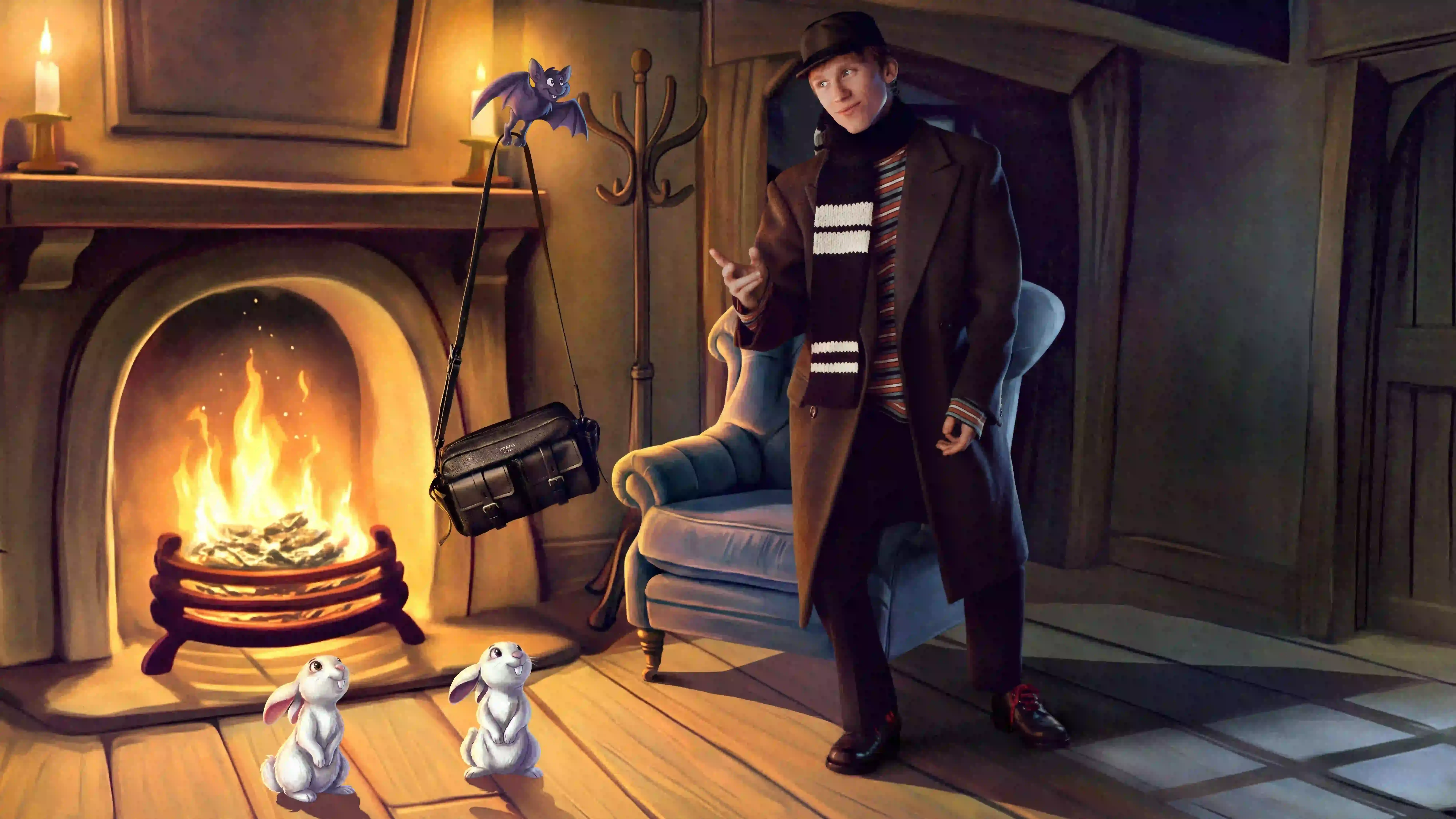 PRADA HOLIDAY 2026 CAMPAIGN BLENDS HAND ANIMATION AND FILM Five actors pose within hand-drawn winter illustrations for the Prada Holiday 2026 campaign photographed by Glen Luchford. (image 5 of 5)