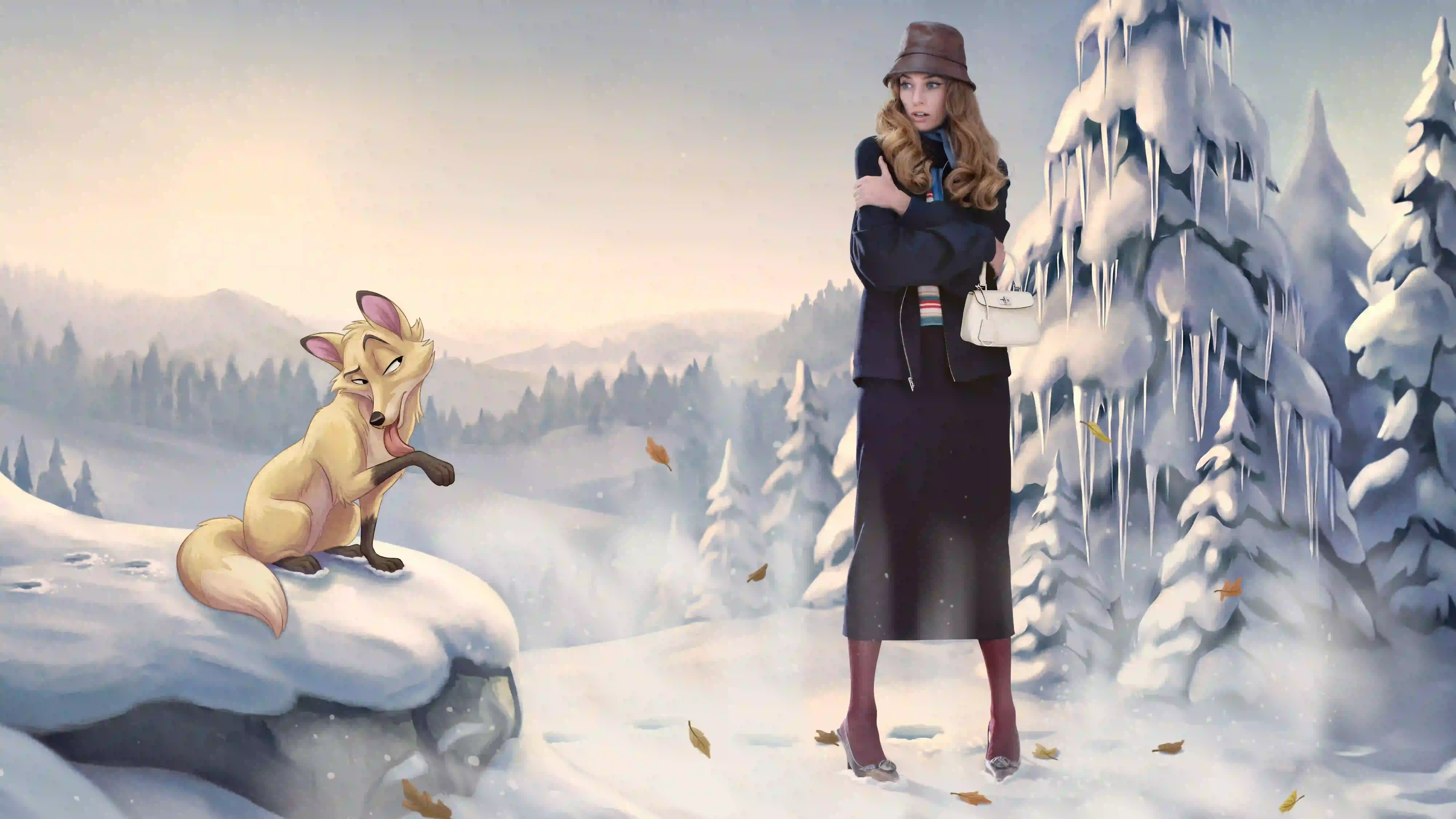 PRADA HOLIDAY 2026 CAMPAIGN BLENDS HAND ANIMATION AND FILM Five actors pose within hand-drawn winter illustrations for the Prada Holiday 2026 campaign photographed by Glen Luchford. (image 4 of 5)