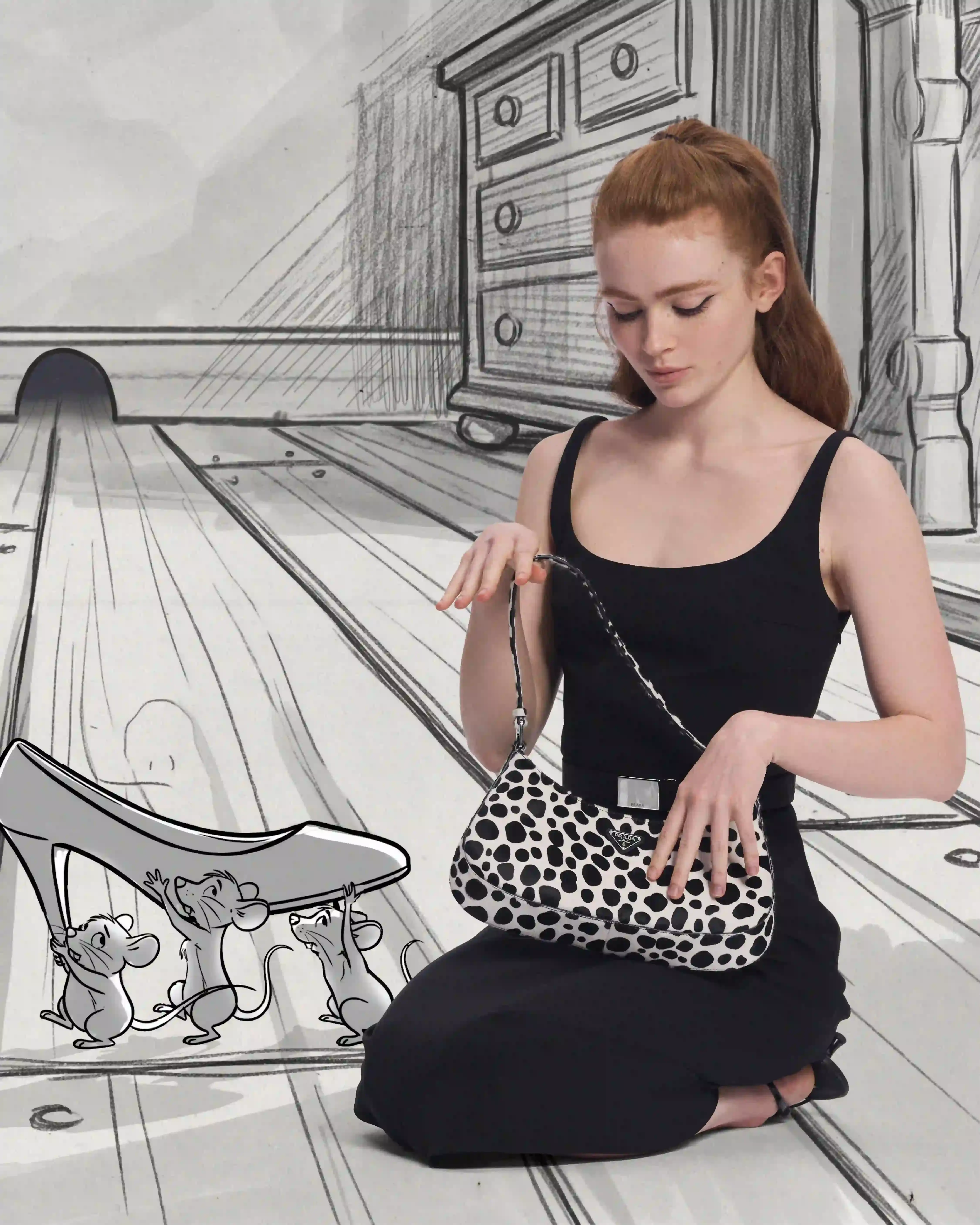 PRADA HOLIDAY 2026 CAMPAIGN BLENDS HAND ANIMATION AND FILM Five actors pose within hand-drawn winter illustrations for the Prada Holiday 2026 campaign photographed by Glen Luchford. (image 2 of 10)