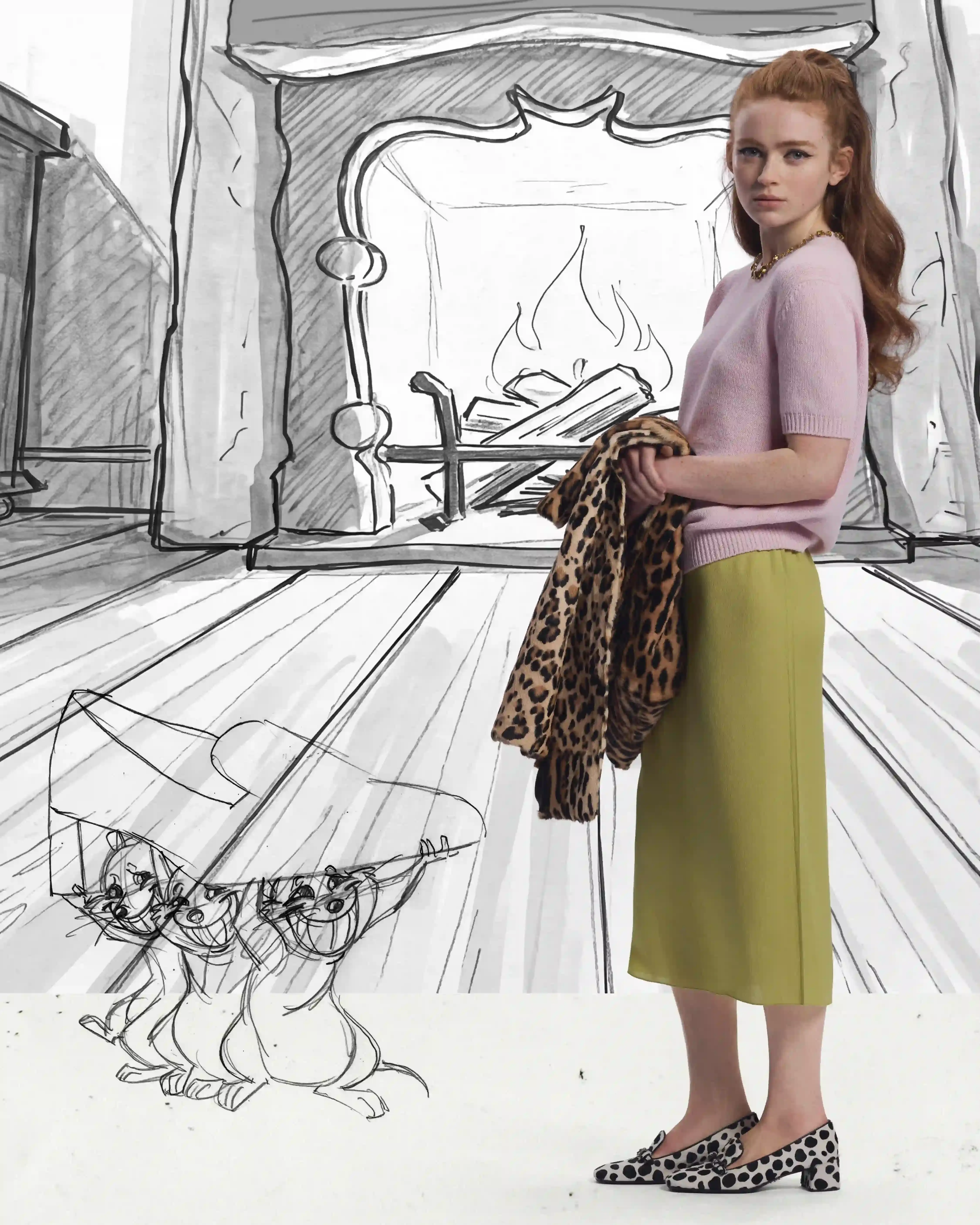 PRADA HOLIDAY 2026 CAMPAIGN BLENDS HAND ANIMATION AND FILM Five actors pose within hand-drawn winter illustrations for the Prada Holiday 2026 campaign photographed by Glen Luchford.