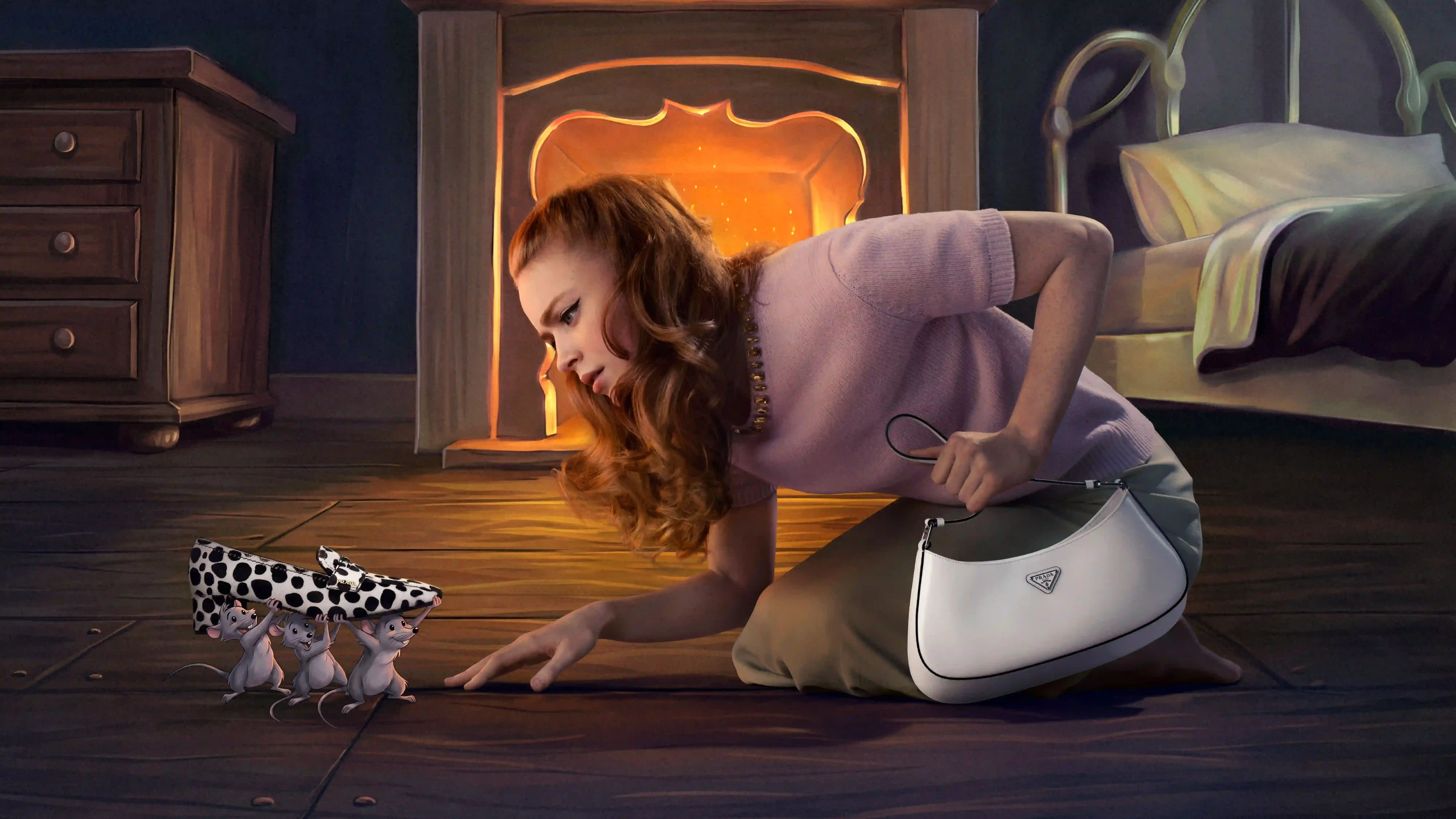 PRADA HOLIDAY 2026 CAMPAIGN BLENDS HAND ANIMATION AND FILM Five actors pose within hand-drawn winter illustrations for the Prada Holiday 2026 campaign photographed by Glen Luchford.