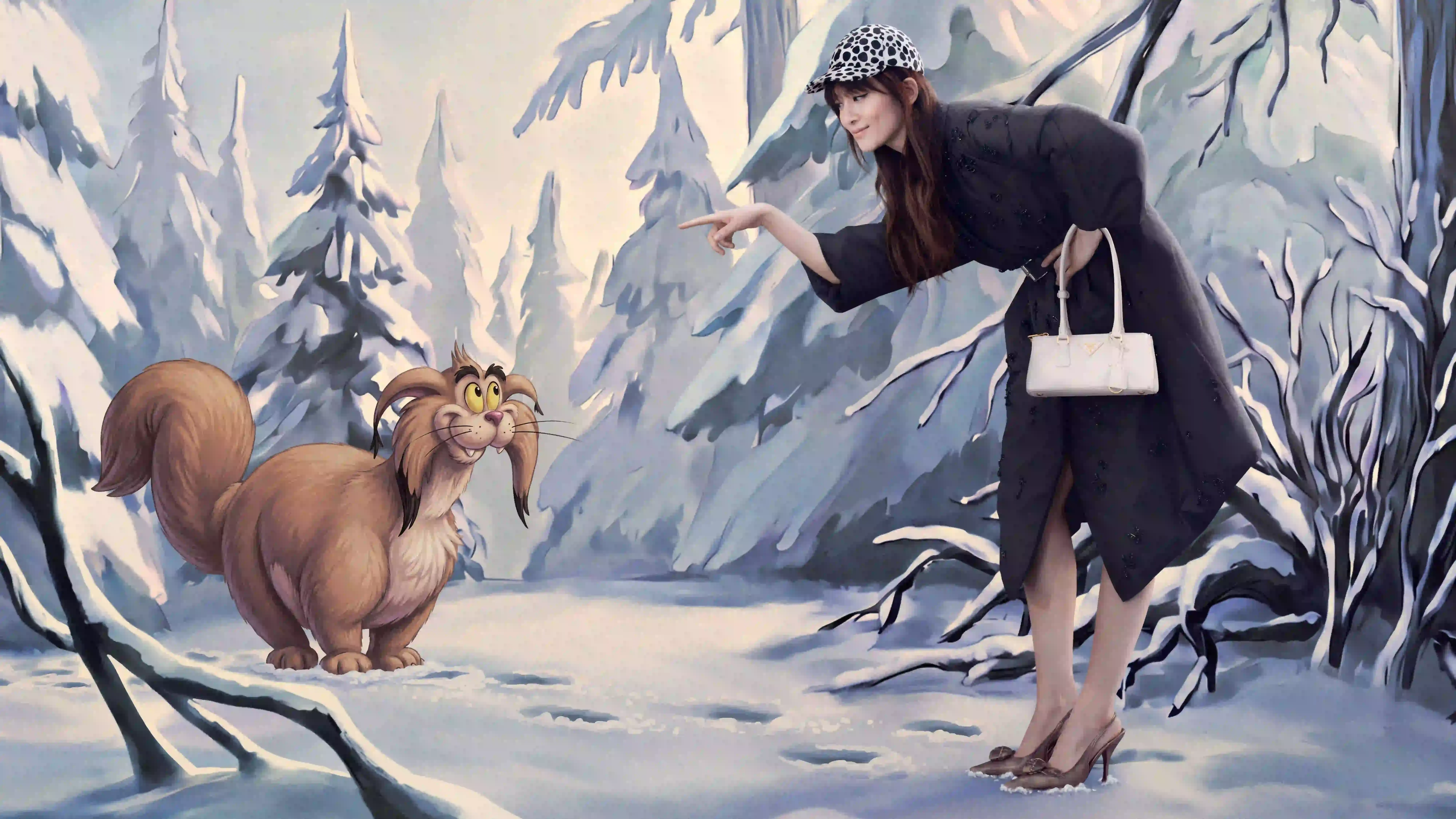 PRADA HOLIDAY 2026 CAMPAIGN BLENDS HAND ANIMATION AND FILM Five actors pose within hand-drawn winter illustrations for the Prada Holiday 2026 campaign photographed by Glen Luchford. (image 2 of 5)