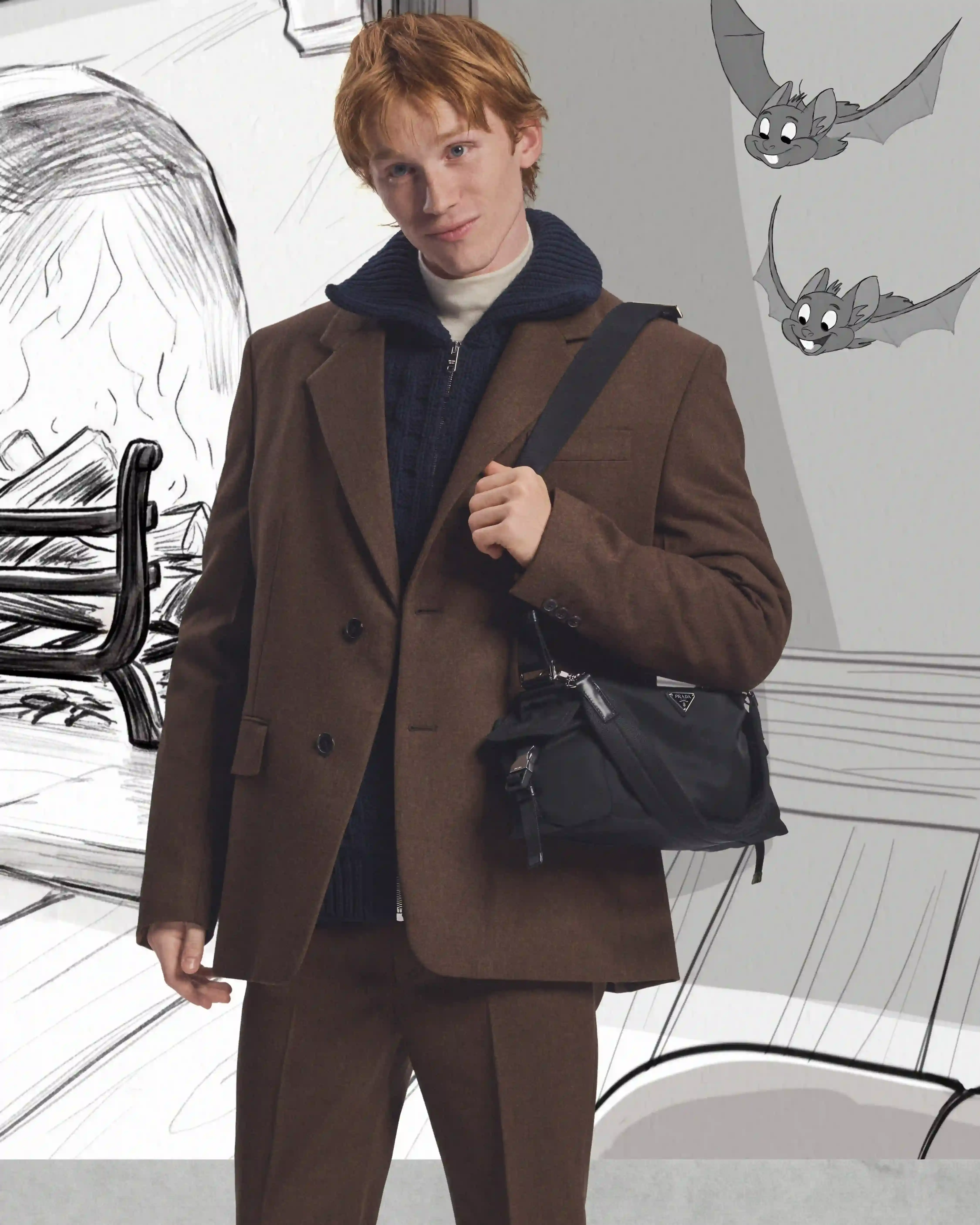 PRADA HOLIDAY 2026 CAMPAIGN BLENDS HAND ANIMATION AND FILM Five actors pose within hand-drawn winter illustrations for the Prada Holiday 2026 campaign photographed by Glen Luchford. (image 3 of 10)