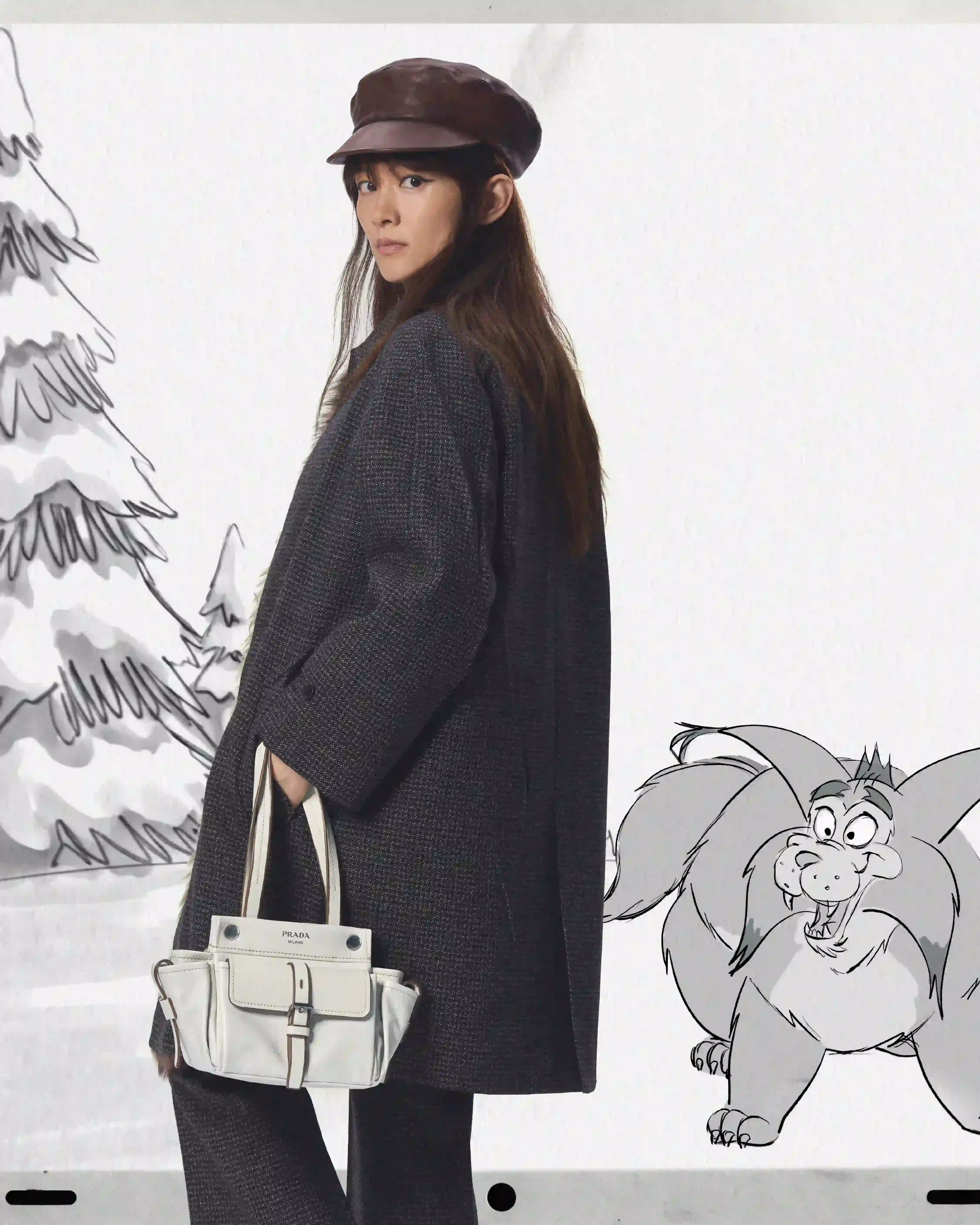 PRADA HOLIDAY 2026 CAMPAIGN BLENDS HAND ANIMATION AND FILM Five actors pose within hand-drawn winter illustrations for the Prada Holiday 2026 campaign photographed by Glen Luchford. (image 10 of 10)