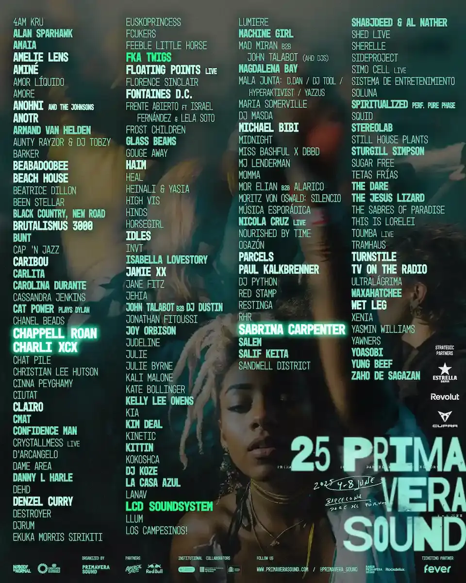 This article announces the lineup for Primavera Sound 2025, highlighting that Charli XCX, Chappell Roan, and Sabrina Carpenter will headline the festival. It details other major performing artists, festival dates (June 5-7 with additional events throughout the week), ticket sale information (starting October 28), venue location (Parc del Fòrum, Barcelona), and notes that Revolut joins as a strategic partner offering 10% ticket discounts. The article emphasizes the festival's commitment to gender balance in its programming.