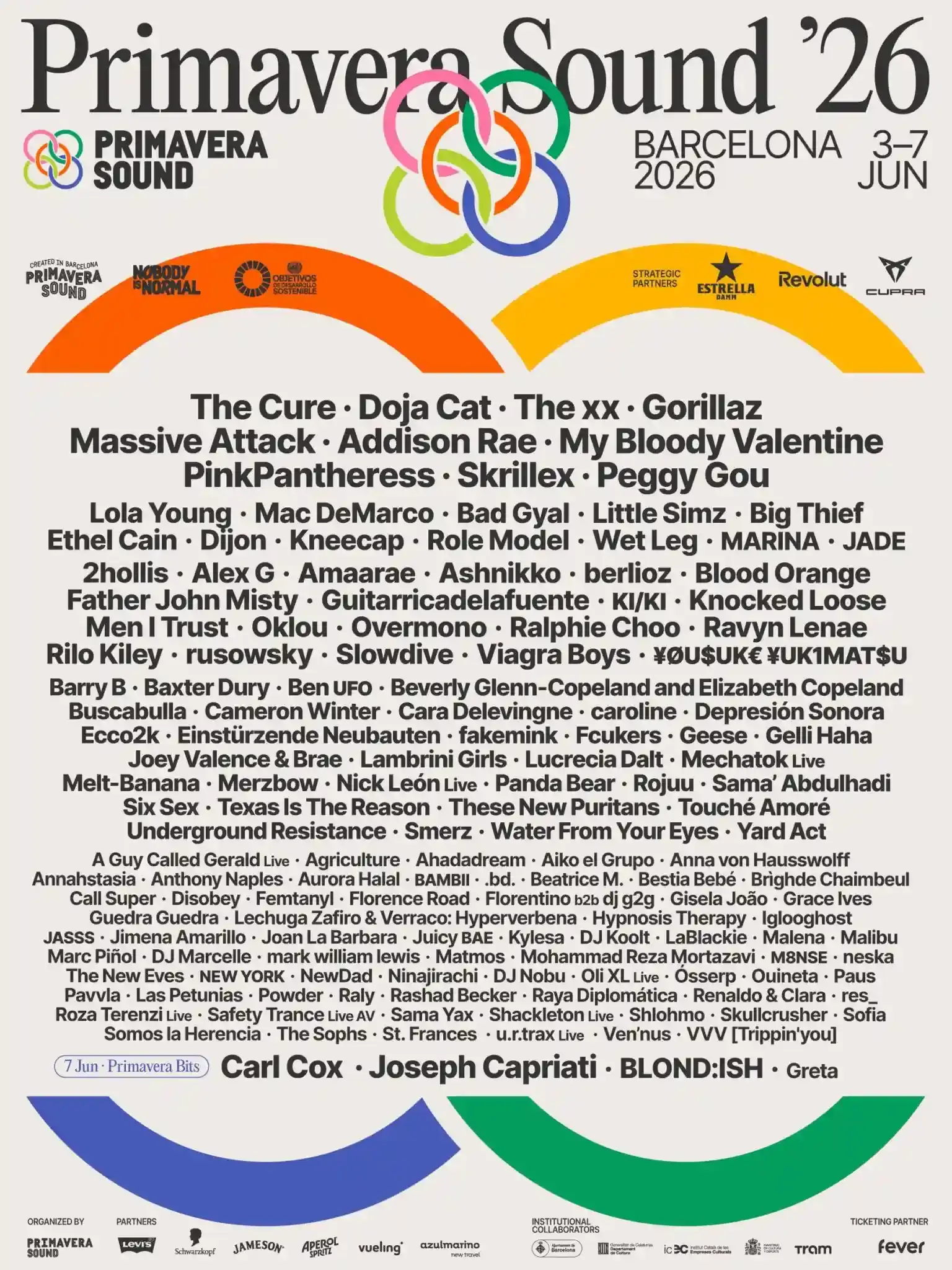 Primavera Sound Barcelona 2026 festival lineup announcement featuring The Cure, Doja Cat, Gorillaz, and other performers at Parc del Fòrum from June 4-6. (image 2 of 2)