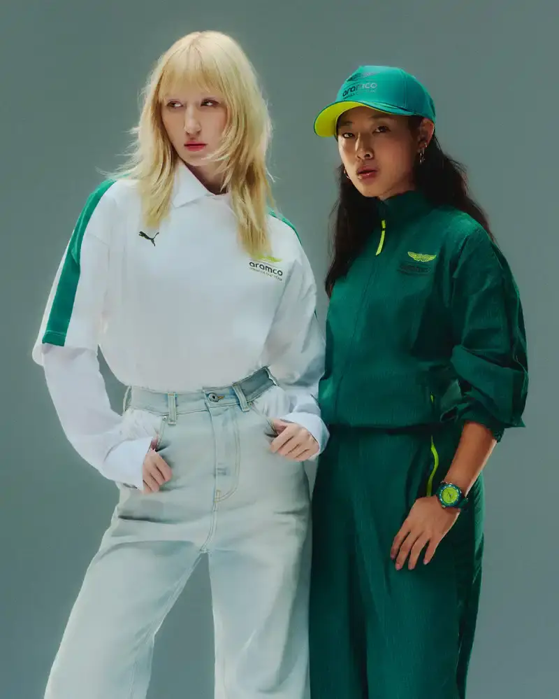 PUMA AND ASTON MARTIN LAUNCH RACING-INSPIRED STREETWEAR Puma releases streetwear collection with Aston Martin Formula 1 team, offering oversized racing-inspired clothing and sneakers in signature green. (image 4 of 6)