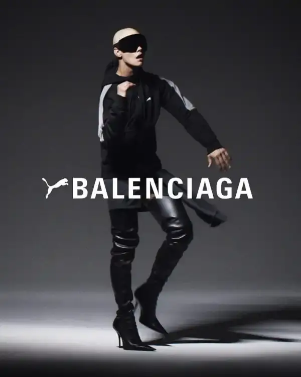 PUMA X BALENCIAGA COLLECTION LAUNCHES image about the retail launch of PUMA and Balenciaga's collaborative Winter 2025 collection, including details about sneaker variations, apparel offerings, and campaign photography. The collection merges athletic and luxury fashion elements across footwear and clothing items. (image 3 of 5)