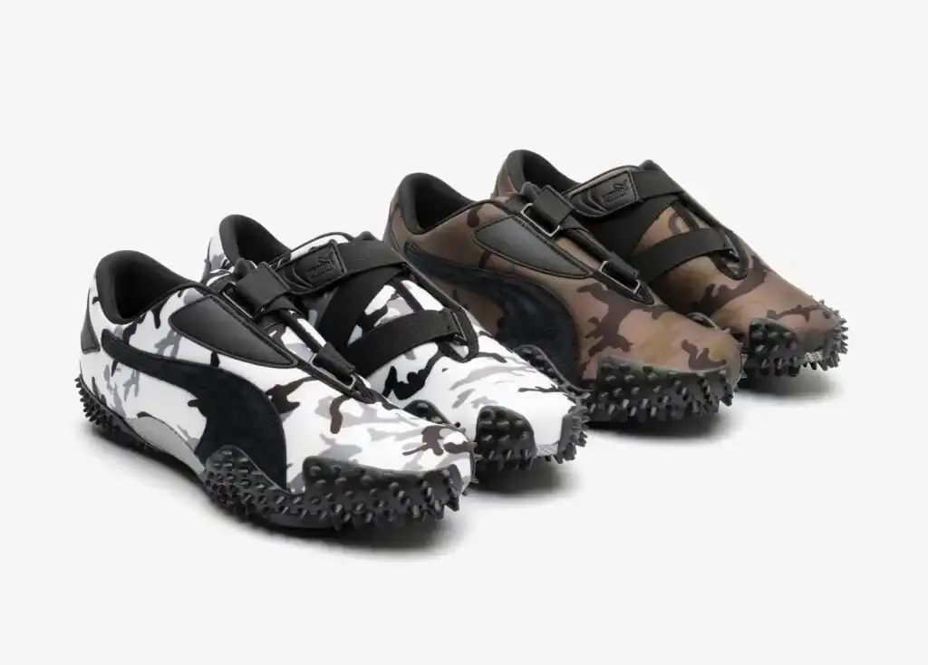 PUMA Mostro low-top sneakers in two camouflage colorways - city camo and classic military-style pattern, featuring suede Formstrip and distinctive chiseled sole design