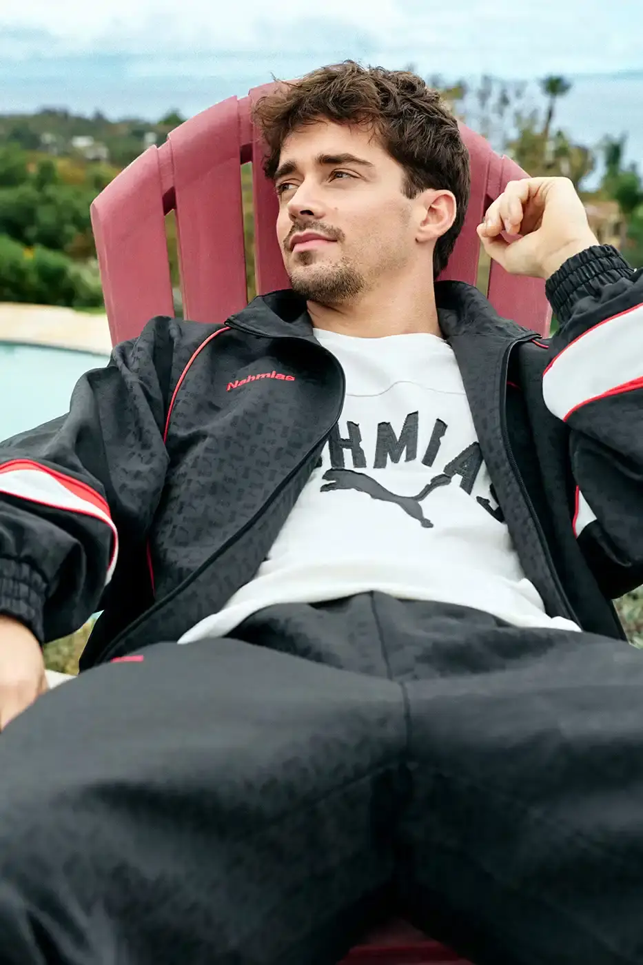 PUMA AND NAHMIAS RELEASE WEST COAST INSPIRED SPEEDCAT SNEAKERS An image detailing the new apparel and footwear collection from PUMA and NAHMIAS featuring Formula 1 driver Charles Leclerc. (image 3 of 10)