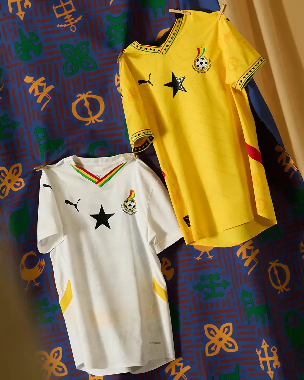 Puma Ghana's white home jersey with subtle star pattern design that becomes visible with movement, featuring adinkra symbols on sleeves